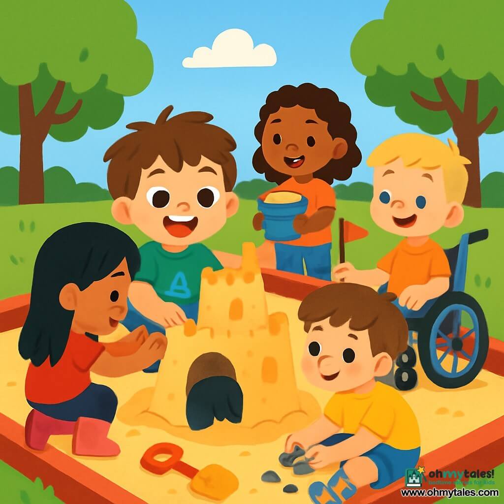 A 4-year-old boy, Eli, with messy brown hair and sparkling eyes, is wearing a bright green t-shirt with a small blue boat. He is sitting in a large sandbox, smiling widely with rosy cheeks from excitement, building a sandcastle with his friends. Mia, a 5-year-old girl with smooth black hair, is next to Eli, smoothing the castle walls with her little hands. Yara, a 4-year-old girl with curly hair and caramel skin, is just behind, smiling and holding a bucket of sand. Max, a 6-year-old boy with blonde hair and fair skin, is in a shiny wheelchair holding a stick for a flag, while Sam, a 5-year-old boy with brown hair and fair skin, is sitting on the ground with mismatched socks featuring yellow ducks and red stars, collecting stones for the castle. The scene takes place in a sunny park with lush green trees and a bright blue sky. The sandbox is surrounded by the laughter of children and colorful games, creating a joyful and friendly atmosphere. The main situation shows Eli and his friends united, building a large sandcastle together, sharing laughter and snacks, illustrating the beauty of diversity and friendship.