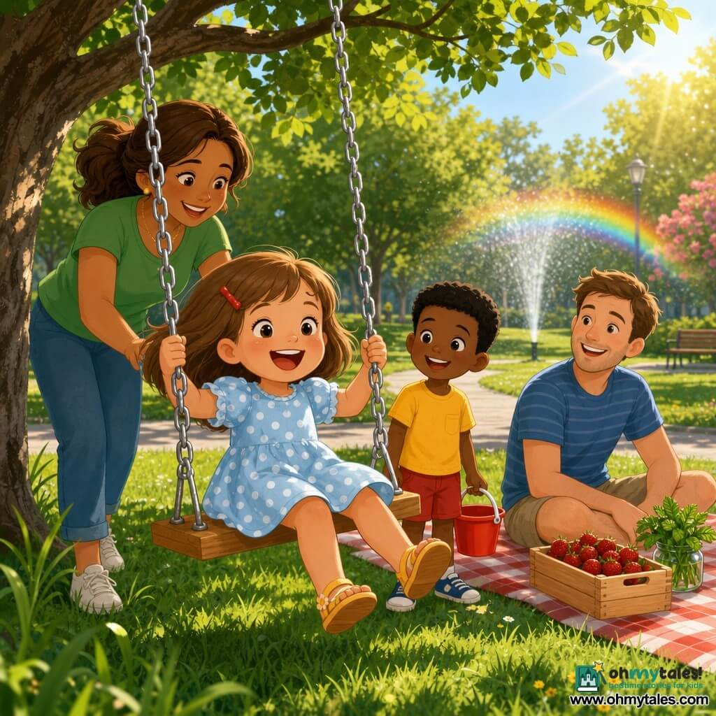 4-year-old girl, joyful and confident, light brown bob with red clip, light-blue polka-dot dress, smiling and holding the chains of a wooden swing in the foreground; about 5-year-old boy, happy, short black hair, yellow T-shirt and red shorts, standing nearby with a small red bucket; mother in her 30s, caring, brown hair tied, green shirt, gently pushing the girl from behind; father in his 30s, smiling, blue-striped T-shirt, seated on a red-and-white picnic blanket beside an open box of shiny strawberries and a small mint bunch; summer park with bright green lawn, leafy tree providing shade, light concrete path and a sprinkler misting a faint rainbow; main scene: girl swinging gently, hair flying, warm morning light, sunny colorful atmosphere, crisp details of chains, wood, grass and sparkling water droplets.