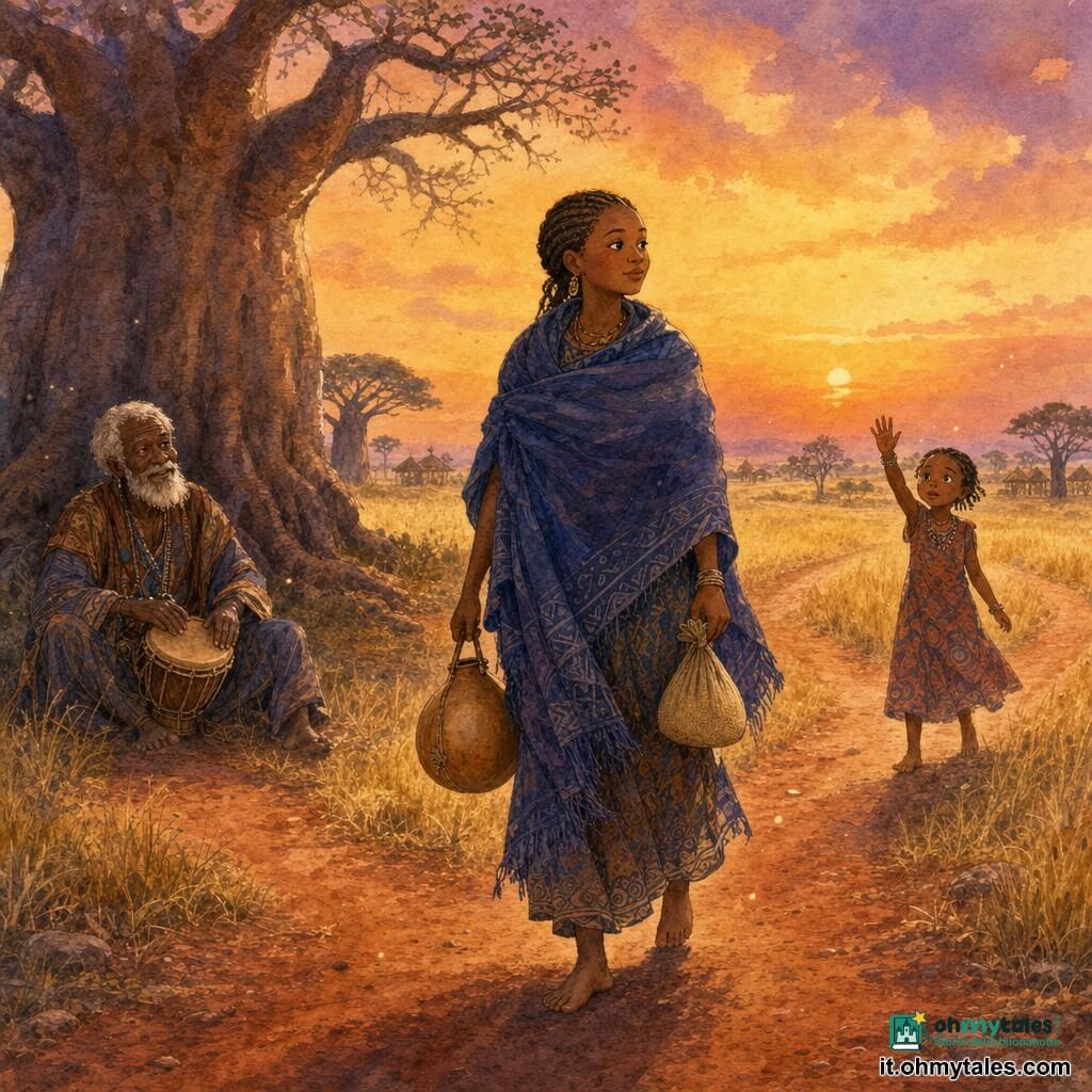 Una donna adulta, Amina, viso rotondo, pelle bronzea e capelli intrecciati stretti, avvolta in un grande scialle indaco e a piedi nudi su terra rossa, cammina verso destra lungo un bivio a tre sentieri tenendo una calabassa d’acqua e un piccolo sacco di miglio; un vecchio griot, Kàdi, di circa 70 anni, pelle scura e capelli bianchi, seduto sotto un imponente baobab a sinistra con un piccolo tamburo sulle ginocchia, la osserva sorridendo enigmaticamente, mentre una bambina di circa 8 anni dalla pelle color caramello, in piedi dietro Amina a destra, la saluta agitando la mano; scena in una savana africana al crepuscolo con orizzonte piatto, erba secca gialla, qualche karité, cielo arancio e viola, polvere sottile, atmosfera di viaggio e decisione, colori caldi e texture ad acquerello con tratti morbidi e dettagli dei tessuti.
