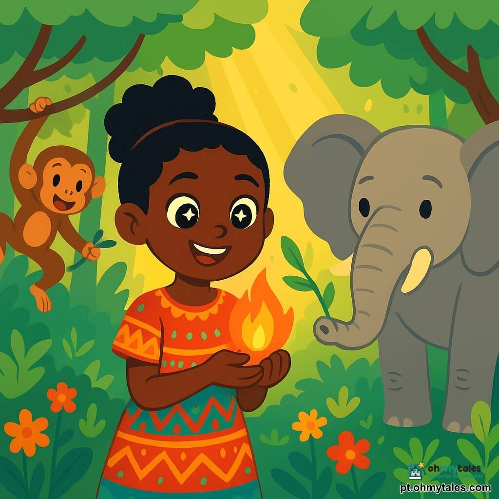 Kemi, uma jovem africana com olhos brilhantes como estrelas, está no centro do palco, com um sorriso radiante e um olhar determinado. Ela usa um vestido colorido com padrões tradicionais e segura em suas mãos delicadas uma pequena chama vibrante, símbolo de calor e vida. Ao seu lado, um sábio elefante de cerca de 50 anos se mantém majestoso, com suas grandes orelhas abertas como leques. Ele observa Kemi com benevolência, oferecendo folhas verdes para alimentar a chama. Mais adiante, um jovem macaco travesso de cerca de 5 anos pula de galho em galho, segurando gravetos em suas pequenas patas, pronto para ajudar Kemi. A cena ocorre em uma floresta exuberante, onde árvores altas e frondosas deixam passar raios de sol, criando um jogo de sombras e luzes no chão. Flores coloridas brotam ao redor, acrescentando um toque de magia ao ambiente. Kemi, cercada por seus amigos animais, está reunindo elementos para reavivar a chama mágica que mantém a alegria e o calor em sua aldeia. A atmosfera é cheia de esperança e amizade, enquanto eles trabalham juntos para preservar a luz e a vida.