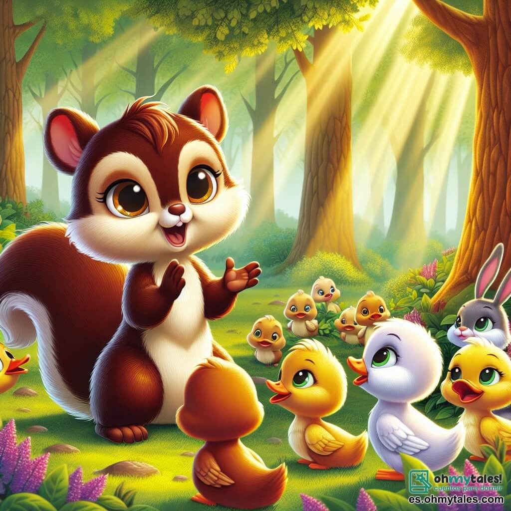 Una pequeña ardilla llamada Lila, con un pelaje marrón brillante y grandes ojos curiosos, se encuentra en el centro de un claro soleado del bosque, sonriendo con determinación. Ella habla con entusiasmo a un grupo de patos, levantando sus pequeñas patas como si explicara algo importante. A su derecha, un pequeño conejo llamado Tico, con largas y suaves orejas, la mira con admiración, listo para escucharla atentamente. Un grupo de patos coloridos, con plumas amarillas y blancas, está un poco más atrás, mostrando curiosidad e interés. El claro está rodeado de majestuosos árboles y flores coloridas que bailan con el viento, mientras el sol brilla en el cielo, iluminando la escena. Lila, llena de valor, explica la importancia de la verdad a los patos, que se reúnen a su alrededor, listos para aprender y crear lazos de amistad.