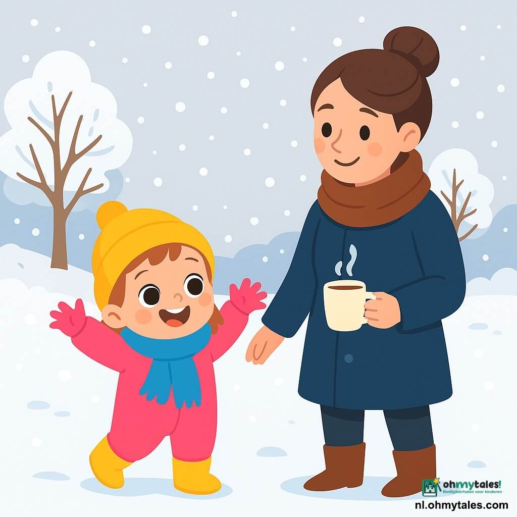 Een klein meisje van 2 jaar, met grote sprankelende ogen en een stralende glimlach, staat in de sneeuw. Ze draagt een mooie roze overall, gele laarzen en een blauwe sjaal die haar een vrolijke uitstraling geeft. Haar wangen zijn roze van de kou en ze steekt haar armen omhoog terwijl ze lacht, verwonderd door de vallende sneeuwvlokken om haar heen. Naast haar kijkt haar moeder, een vrouw van ongeveer 30 jaar met bruin haar in een knot en een donkerblauwe jas, haar met genegenheid aan. Ze houdt een kop warme chocolademelk in één hand en glimlacht, blij om haar dochter te zien spelen. De omgeving is een betoverend winterlandschap met kale bomen bedekt met sneeuw, een lichtgrijze lucht en dansende sneeuwvlokken in de lucht. De grond is bedekt met een dikke laag glinsterende sneeuw. De hoofdscène toont het meisje dat in de sneeuw speelt, haar armen opheffend om de vlokken te vangen, terwijl haar moeder haar met een warme glimlach observeert, wat een moment van gedeeld geluk in de winter creëert.