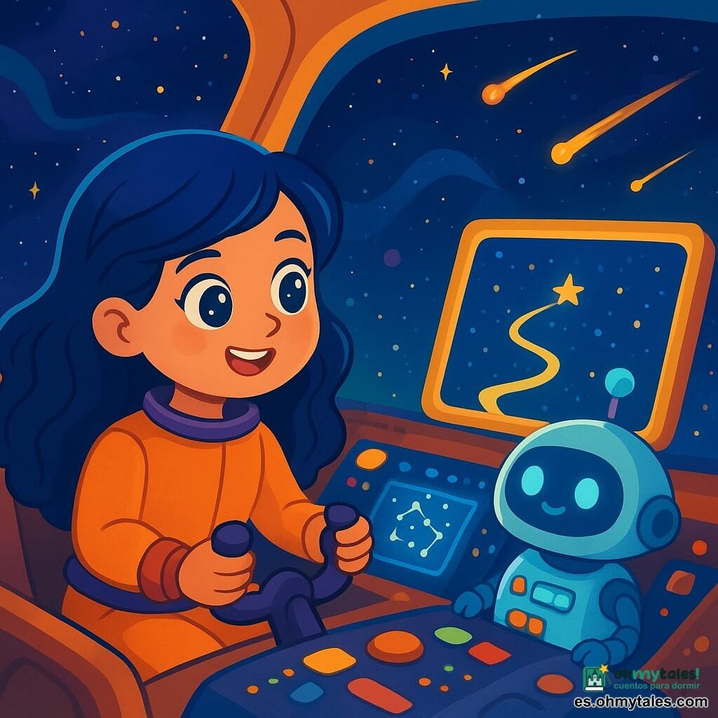 Una joven piloto, Luna, con cabello largo y ondulado de color azul noche, está sentada en la cabina de su pequeña nave espacial. Su rostro está iluminado por el brillo de las estrellas, y sus ojos brillan de emoción y determinación. Sostiene firmemente el volante, concentrada en la pantalla frente a ella, donde se dibuja un camino luminoso. A su lado, un pequeño robot amistoso llamado Arco, con forma redonda y ojos brillantes, proyecta mapas estelares en el tablero. Arco tiene una voz suave y alentadora, y parece listo para ayudar a Luna en su aventura. La escena se desarrolla en el espacio, rodeada de nubes de polvo estelar y cometas brillantes que cruzan el cielo negro. La cabina de la nave está llena de luces de colores y botones parpadeantes, creando una atmósfera mágica y futurista. Luna navega con cuidado a través de un campo de asteroides, ajustando hábilmente la trayectoria de la nave. Está decidida a alcanzar la misteriosa Biblioteca de Mapas, donde espera encontrar un cubo de datos valioso.