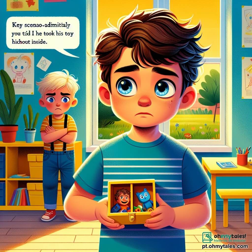 Um menino de 4 anos, chamado João, com cabelos castanhos bagunçados e olhos brilhantes de curiosidade, está no centro da imagem. Ele parece preocupado, mas determinado, segurando uma pequena caixa de brinquedos com um brinquedo escondido dentro. À sua direita, seu amigo Pedro, também de 4 anos, com cabelos loiros e olhos azuis, observa João com uma expressão de surpresa e tristeza, com os braços cruzados, como se esperasse uma resposta. O cenário é uma sala de aula colorida, com paredes amarelas, desenhos de crianças pendurados e brinquedos espalhados pelo chão. Uma grande janela deixa a luz do sol entrar, iluminando a cena. A situação principal mostra João, hesitante, confessando a Pedro que pegou seu brinquedo sem permissão, ilustrando o momento em que decide dizer a verdade.