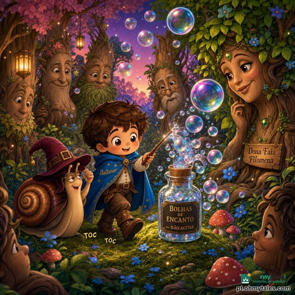 Um jovem feiticeiro chamado Baltasar, rosto redondo e esperto, cabelo castanho desgrenhado, capa azul-vivo e botas castanhas, segura uma pequena varinha de madeira e sorri aliviado enquanto guia bolhas coloridas para um frasco de vidro pequeno no chão rotulado BOLHAS DE ENCANTO — NÃO AGITAR em tinta dourada, com tampa de cortiça; à esquerda, um grande caracol com um chapéu de professor bordô observa sábio e divertido; atrás e à direita, uma grande fada-árvore feminina, Dona Faia Filomena, com tronco liso e rosto esculpido na casca inclina-se como dando conselho e, junto com outras árvores conselheiras de faces esculpidas formando um círculo, cria um semicírculo protetor; bolhas encantadas translúcidas e irisadas, de vários tamanhos, flutuam e retornam ao frasco; chão coberto de musgo, pequenas flores azuis e cogumelos vermelhos; cena de floresta mágica ao crepúsculo, luz quente, paleta pastel com contrastes vivos, atmosfera encantadora e divertida; composição centrada em Baltasar e no frasco, enquadramento levemente em plongée para mostrar as bolhas e os rostos das árvores, estilo chibi kawaii com linhas limpas, cores saturadas e texturas suaves.