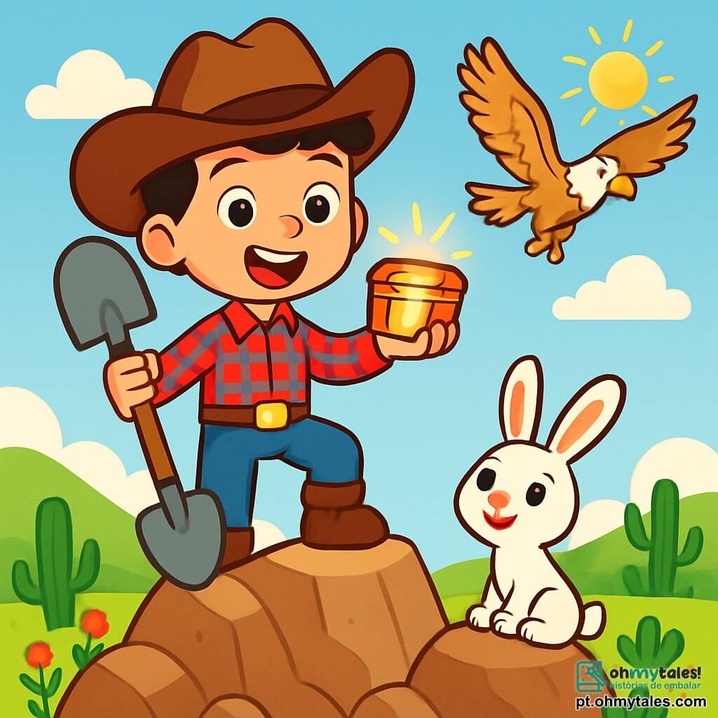 Um jovem cowboy chamado Rico, um garoto de cerca de 10 anos, está em pé em uma montanha rochosa, com um grande sorriso no rosto. Ele usa um chapéu de cowboy marrom, uma camisa xadrez vermelha e azul, e uma calça de denim. Seus olhos brilham de excitação enquanto segura uma pá em uma mão e uma pequena caixa dourada na outra. Ao lado dele, uma pequena águia majestosa, com penas douradas e brancas, voa no céu azul claro, suas asas abertas, pronta para mostrar o caminho. Abaixo da montanha, seu amigo Pipo, um coelhinho branco travesso com grandes orelhas, observa admirado, sentado em uma pedra, com os olhos brilhando de orgulho por seu amigo. O cenário é uma vasta extensão de colinas verdejantes, pontuadas por cactos e flores silvestres coloridas, sob um céu ensolarado com algumas nuvens brancas fofas. Rico, prestes a descobrir um tesouro, acaba de terminar de cavar e olha maravilhado para a caixa brilhante que encontrou, enquanto a águia sobrevoa a cena, adicionando um toque de magia a esta aventura emocionante.