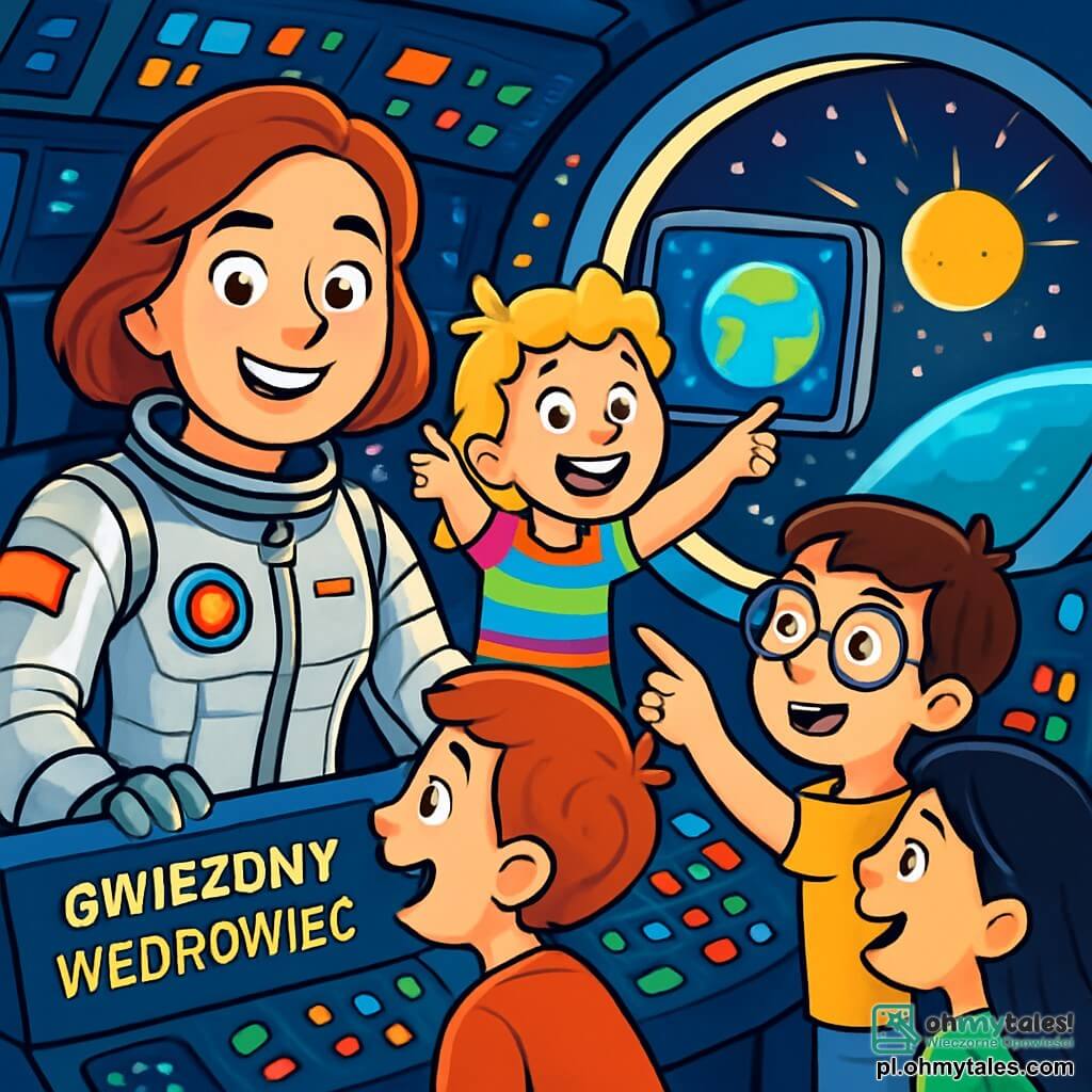 Kobieta pilot, Kapitan Aleksandra Nowicka, stoi z promiennym uśmiechem na twarzy, a jej oczy błyszczą ciekawością i ekscytacją. Nosi srebrny skafander kosmiczny, ozdobiony kolorowymi detalami, i znajduje się w kokpicie swojego statku kosmicznego, otoczona futurystycznymi przyciskami i jasnymi ekranami. Obok niej grupa czterech dzieci w wieku około 10-12 lat wyraża zaraźliwą radość. Chłopiec z brązowymi włosami, noszący okulary, wskazuje na ekran, na którym wyświetlana jest nowa planeta, podczas gdy dziewczynka z blond, kręconymi włosami w kolorowej koszulce skacze z radości, z uniesionymi rękami. Dwoje innych dzieci, chłopiec z rudymi włosami i dziewczynka z czarnymi włosami, pochyla się, aby obserwować przez okno, zafascynowani widokiem. Miejsce to kokpit statku "Gwiezdny Wędrowiec", wypełniony migoczącymi światłami, kolorowymi przyciskami i spektakularnym widokiem na przestrzeń, z jasnymi gwiazdami i tajemniczą planetą w tle, oświetloną przez odległe słońce. Główna sytuacja pokazuje Aleksandrę i dzieci w trakcie eksploracji, odkrywających nową planetę, z zachwyconymi wyrazami twarzy, gotowych na niesamowitą przygodę w nieznane.