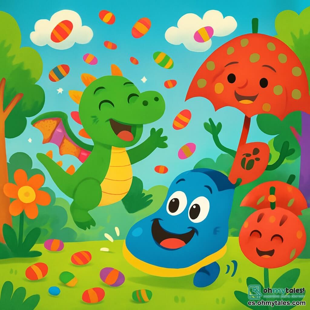 Un pequeño dragón verde llamado Pompón, con alas brillantes de colores vivos y una gran sonrisa alegre, salta de alegría en medio de una lluvia de caramelos multicolores. A su lado, un enorme zapato azul, con ojos redondos y una gran sonrisa, rebota haciendo ruidos divertidos, riendo de felicidad. Un paraguas rojo con lunares verdes, con una cara sonriente y brazos danzantes, canta alegremente girando a su alrededor. El escenario es un bosque encantado, lleno de árboles de troncos coloridos, flores gigantes con pétalos brillantes y un cielo azul salpicado de nubes en forma de caramelos. La escena muestra a Pompón y sus amigos recogiendo caramelos que ruedan por todas partes, creando un alegre desorden dulce, mientras ríen y se divierten juntos.