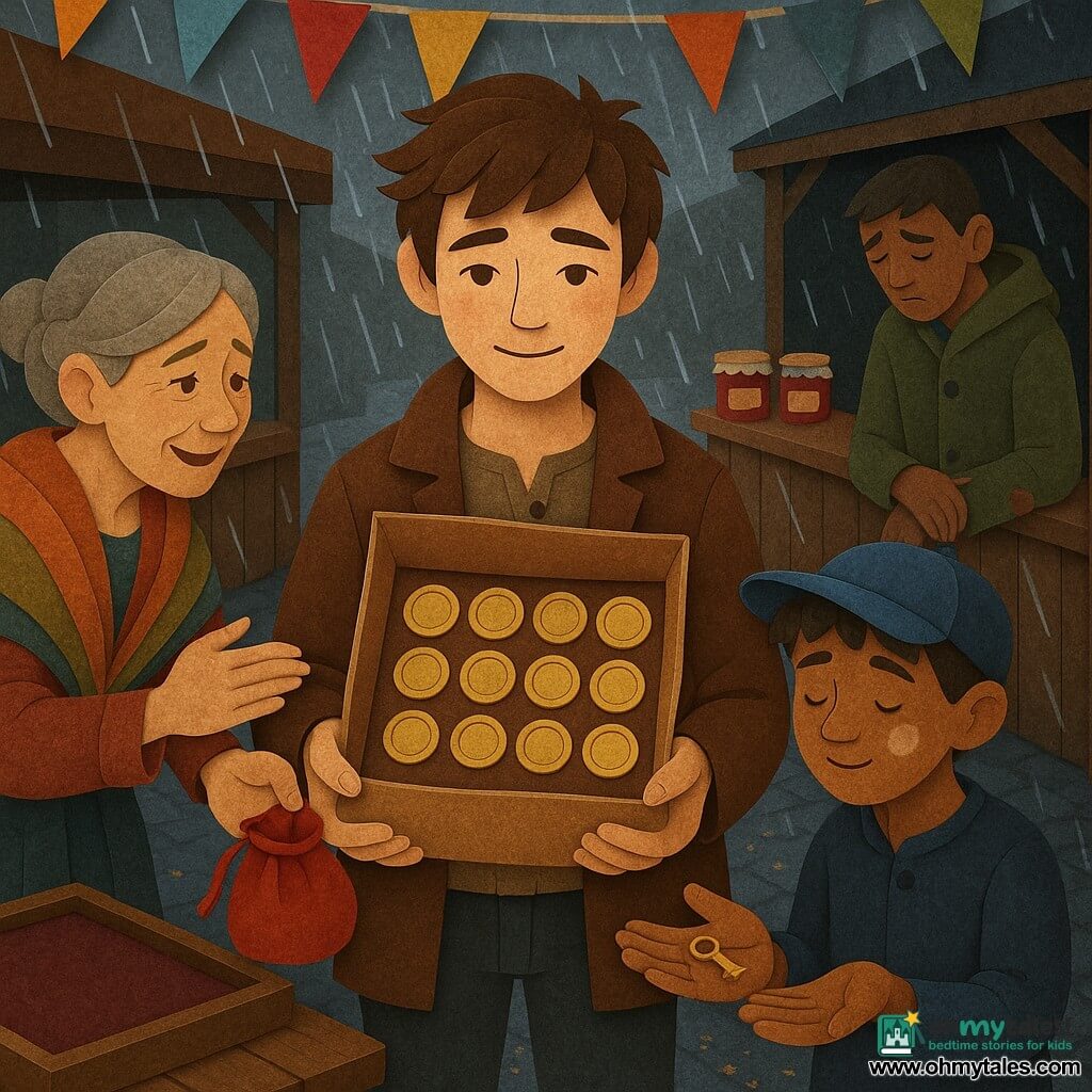 A teenage boy (about 17), serious with messy brown hair, in a small brown coat holds an open brown paper bag showing twelve brass medallions and smiles slightly, relieved, standing center; to his left an elderly woman (about 60) with gray hair in a bun, gentle eyes and a colorful shawl reaches toward a red velvet pouch, moved and grateful; to his right a boy (about 12) with a blue cap and a flour smudge on his cheek stands near a market table, shy and happy, holding a small brass keyring in his palm; in the background a 35-year-old man in a green raincoat with a slightly torn sleeve and cracked button stands back, head bowed, looking remorseful; the setting is a rain-wet street market with shiny cobbles, colorful bunting, wooden stalls with jam jars and a table with an empty velvet tray, small gold sparkles on the stones; the scene captures the return of the medallions — soft light, warm gestures, paper-cut contrasts, felt textures and cut edges visible, warm colors for the figures and gray-blue tones for the wet street.