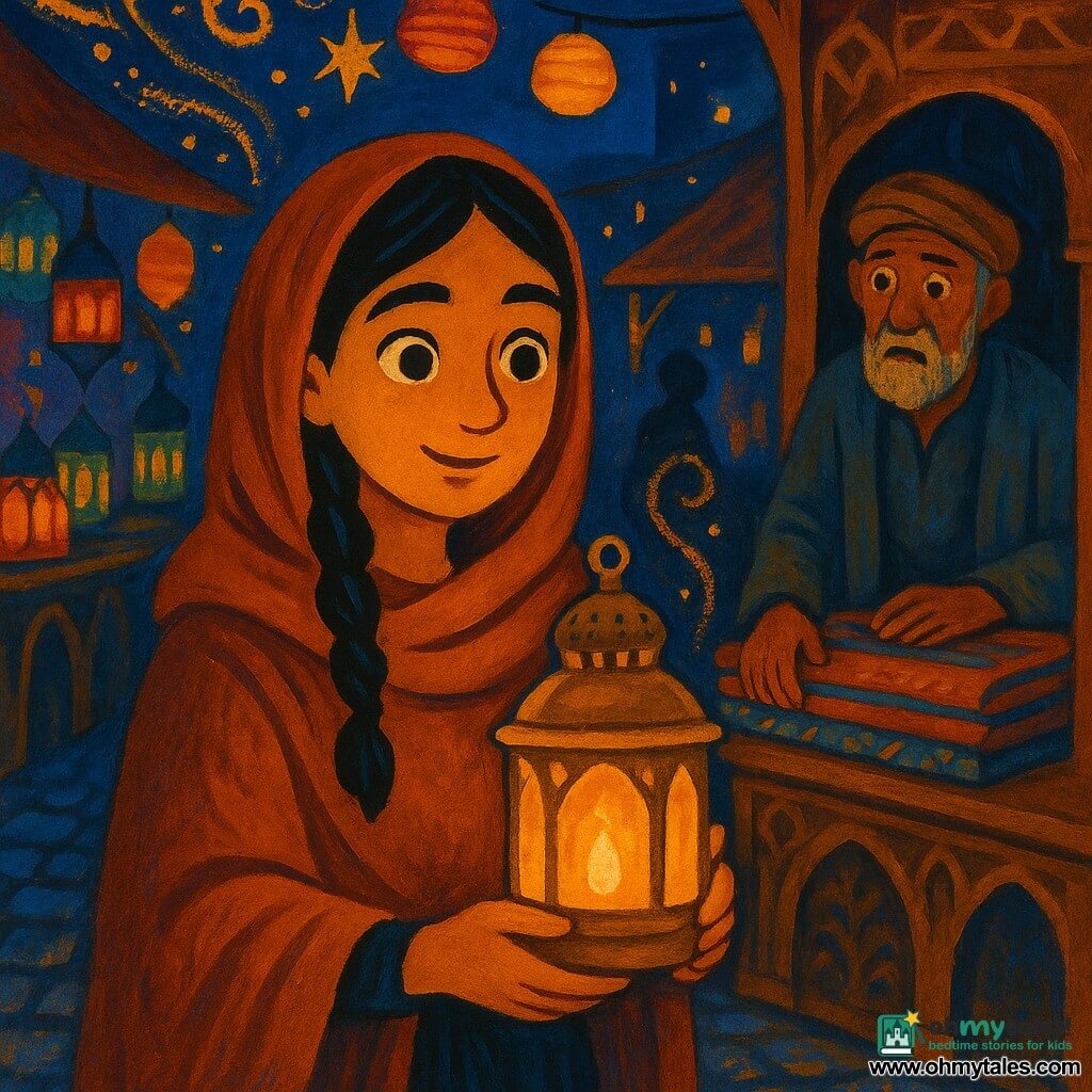 A young woman with a gentle smile and curious eyes holds a patinated brass lantern, wearing a cinnamon shawl and braided black hair, her face lit by a warm glow, while an older male vendor in worn clothes watches from the shadowed stall to her right with a surprised look; the scene is a Night Market inspired by the Arabian Nights—stacked rugs, colored glass lanterns, carved wooden stalls, shiny cobbles and painted spice-scent swirls—as the woman examines the warm, slightly vibrating lantern from which a small golden light begins to escape, creating an intimate, magical atmosphere in warm ochre, indigo and copper tones with soft contrasts.
