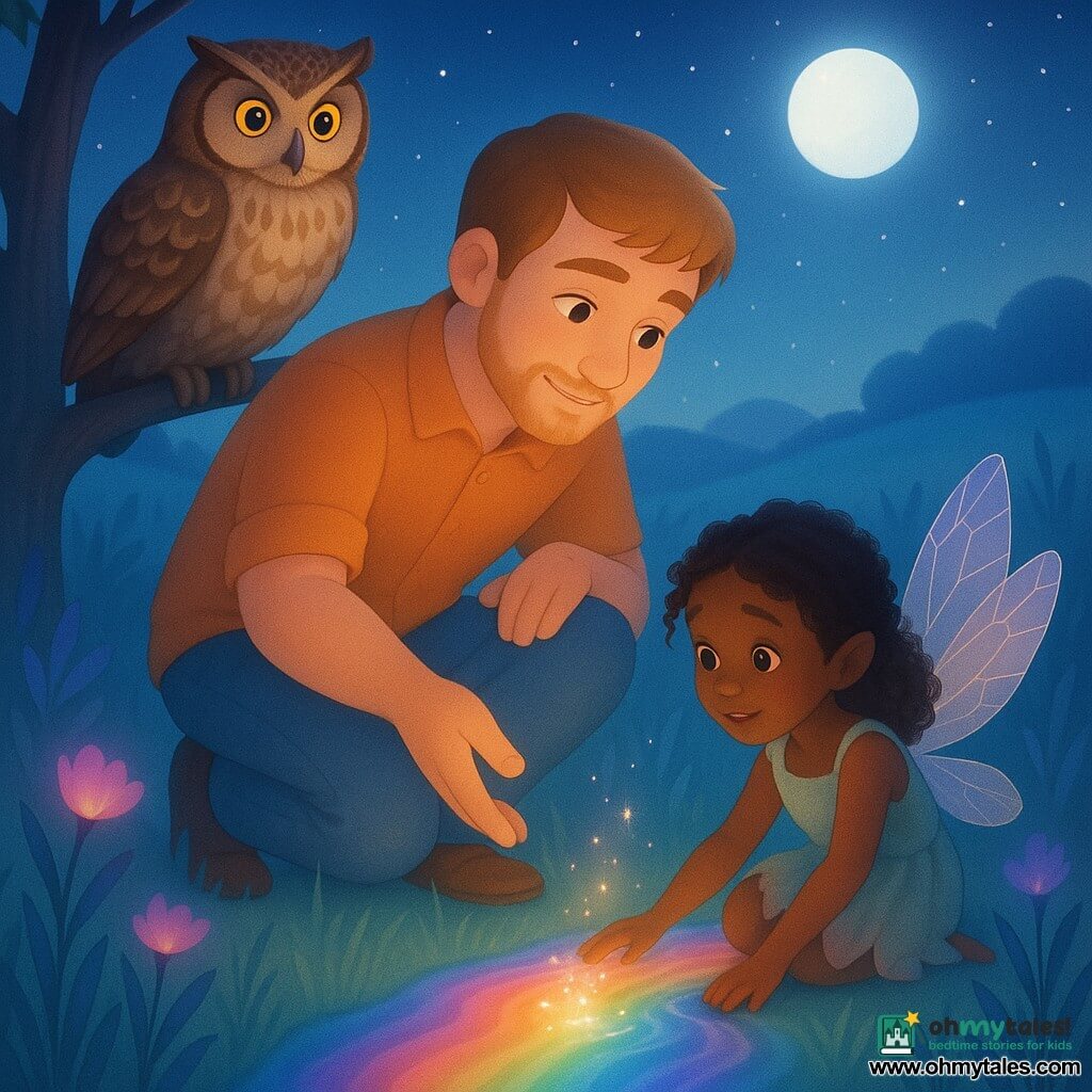 A calm, kind man named Oliver with a round face, light stubble, light brown hair and warm smiling eyes crouches and reaches out to help a small fairy. The fairy, Luna, appears about eight years old with thin cracked translucent wings and a frayed pastel dress; she sits at the edge of a rainbow-reflecting stream, fingers touching the sparkling water with a relieved, awed expression. A large wise owl with textured brown-and-white plumage and bright wide eyes perches on a low branch to the left, watching calmly. The scene is a moonlit meadow with silvery moonlight, blue-tinted tall grass, glowing pink and violet flowers, a rainbow-reflecting stream in the foreground, gentle hills and many stars in the background; Oliver helps Luna dip her wings in the stream as silver sparks rise from the water to illuminate their faces, creating a magical atmosphere of vivid pastels, soft contrasts and smooth gradient textures.
