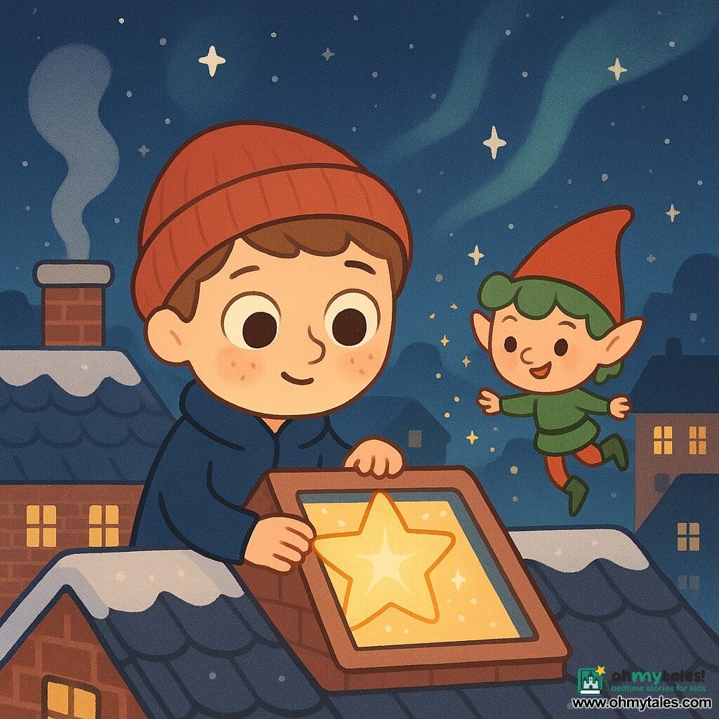 A 10-year-old boy, Leo, with a round freckled face, wide amazed eyes and a shy smile, wearing a dark blue coat and red beanie, gently holds a sparkling paper star against a skylight; a tiny mischievous elf named Sparkle, with a pointed red hat, curly green hair and twinkling eyes, hovers beside him scattering small gold sparks; a snowy red-brick roof with dark snow-dusted tiles and a smoking chimney, deep night sky filled with silver stars and pale auroras, neighboring houses with lit windows; the pair are lit by the warm glow of the star and garlands, sharing a knowing, gentle moment of magic; cozy winter atmosphere, warm character colors (red, blue, gold) contrasted with cool landscape tones (white, midnight blue), soft textures, rounded forms, minimal kawaii style, composition centered on the starry window.