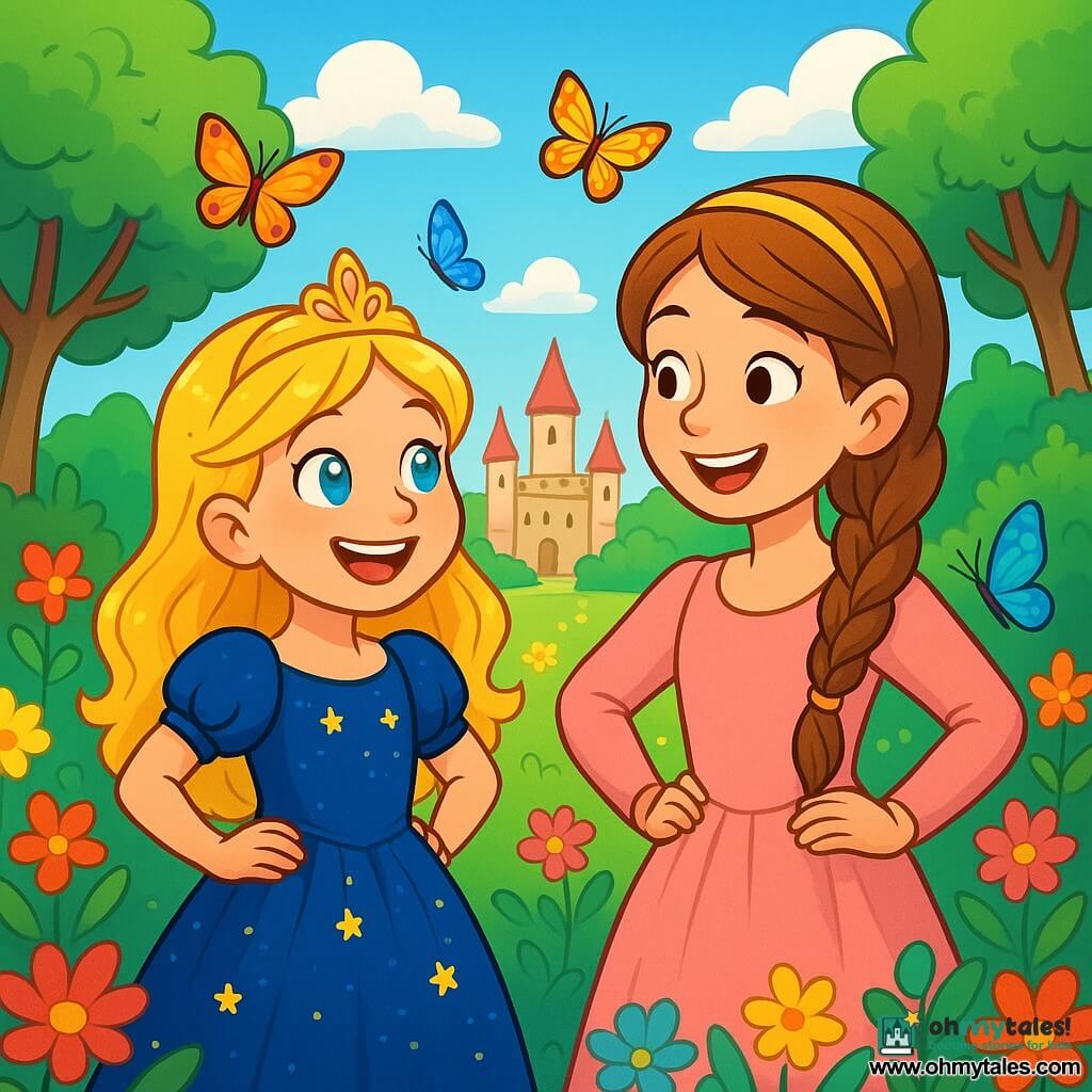 Princess Saamiah, an eight-year-old girl, stands at the center of the image with starry bright eyes and golden hair cascading in silky curls. She wears a blue velvet dress adorned with sparkling flowers, and her face radiates joy, illuminated by a brilliant smile. Beside her, her ten-year-old sister Sualeha is dressed in a delicate pink dress, with brown hair styled in an elegant braid. She gazes at Saamiah with admiration, hands on her hips, full of enthusiasm. In the background, the castle garden stretches out, filled with colorful flowers, tall trees with vibrant green leaves, and a blue sky dotted with fluffy white clouds. The main scene shows Saamiah and Sualeha laughing together, surrounded by dancing butterflies as they explore the wonders of their enchanted garden, capturing a moment of happiness and sisterly bond.
