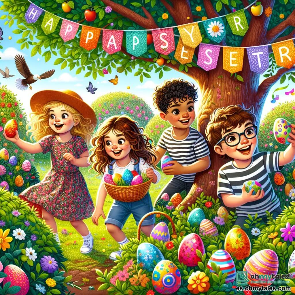En un jardín colorido, cuatro niños están buscando huevos de Pascua. Sofía, una niña de nueve años con trenzas doradas, lleva un vestido de flores y sonríe alegremente mientras se agacha cerca de un gran manzano. A su lado, Diego, un niño de diez años con un sombrero de paja demasiado grande, sostiene un huevo de chocolate que acaba de encontrar, mostrando una gran sonrisa. Lucía, una niña de ocho años con cabello castaño y rizado, está agachada cerca de un seto, sosteniendo un huevo decorado con colores vivos, con los ojos brillantes de emoción. Finalmente, Tomás, un niño de nueve años con gafas y una camiseta a rayas, está un poco más lejos, mirando el suelo con aire concentrado, listo para encontrar un nuevo huevo. El jardín está lleno de flores brillantes, cintas de colores flotando en el viento y un gran cartel de papel reciclado que dice "Felices Pascuas". El sol brilla en un cielo azul claro, creando una atmósfera alegre y festiva. Los niños están en plena acción, riendo y animándose mutuamente mientras buscan huevos escondidos entre las flores y arbustos, convirtiendo esta búsqueda de huevos en una aventura mágica y llena de felicidad.