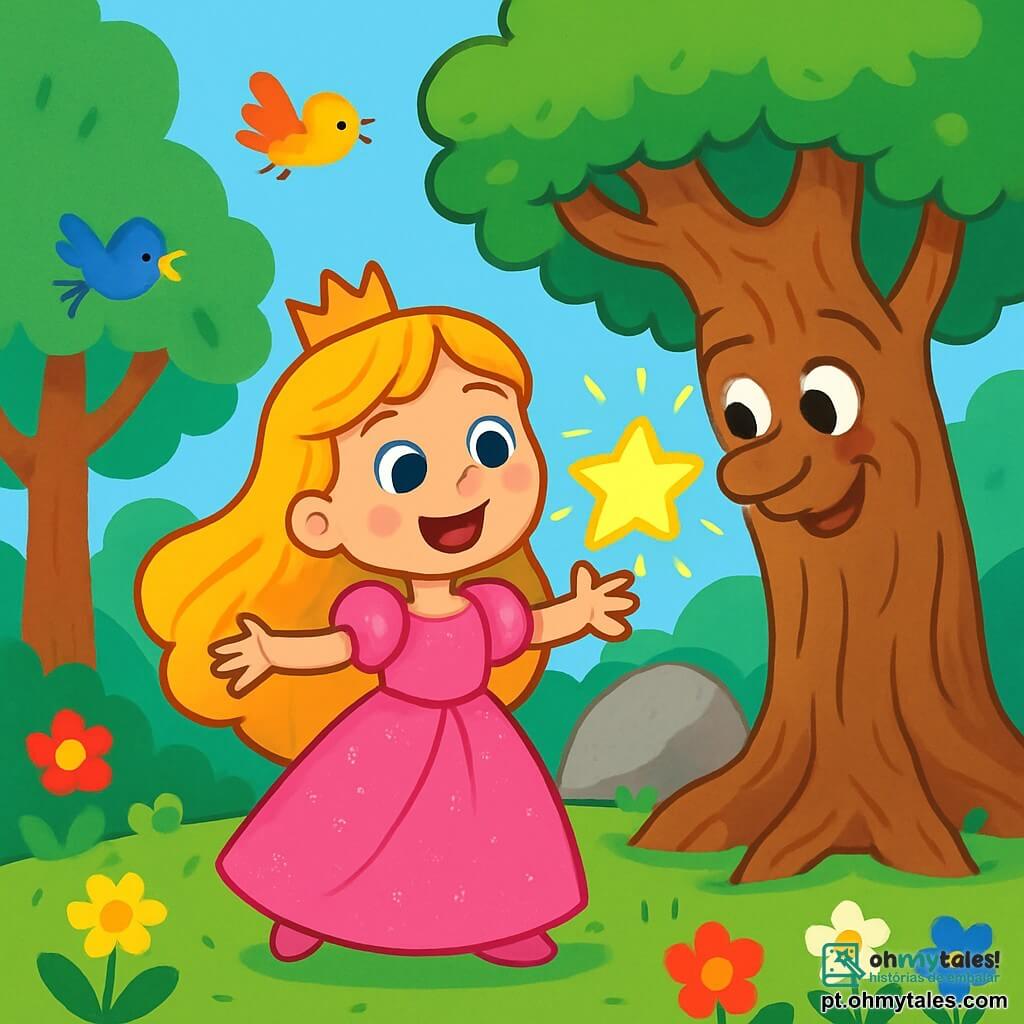Uma princesa alegre, chamada Lili, com longos cabelos dourados e um vestido rosa brilhante, está no centro da floresta mágica, com os braços abertos e um grande sorriso maravilhado. Seus olhos brilham de excitação, pronta para descobrir maravilhas. Ao seu lado, uma velha árvore sábia, com um tronco nodoso e folhas verdes vibrantes, fala suavemente com ela. Ao fundo, uma estrela mágica, luminosa e cintilante, flutua acima de uma grande pedra lisa, emitindo uma suave luz dourada que ilumina a cena. A floresta está cheia de árvores majestosas, flores coloridas e pássaros cantores, criando uma atmosfera encantada. Lili abraça a estrela mágica, dando-lhe um carinho de coragem para brilhar mais forte, enquanto a luz dourada começa a se espalhar ao redor, preenchendo a floresta com uma atmosfera alegre e luminosa.