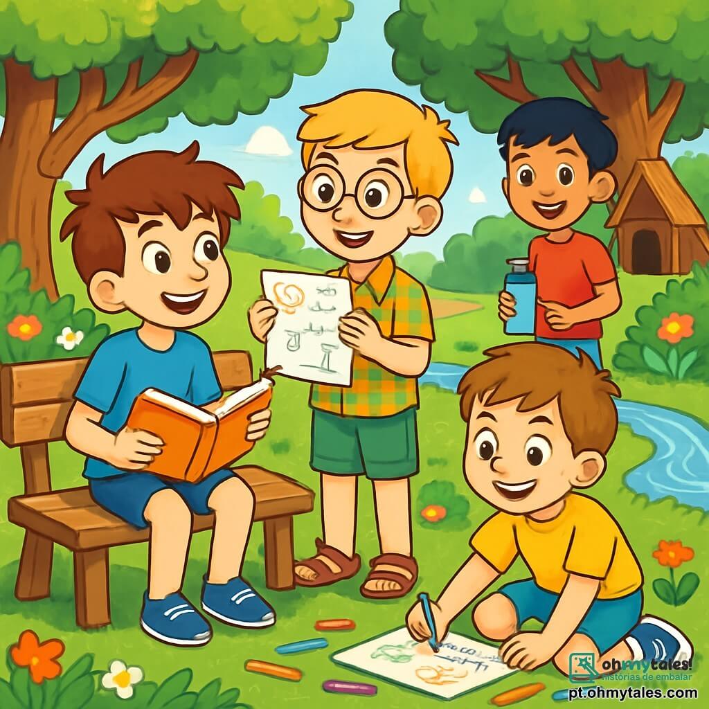 Há 4 crianças: - Tomás: um garoto de 10 anos, com cabelo castanho bagunçado e olhos brilhantes. Ele usa uma camiseta azul e shorts, segurando um livro em uma mão e um lápis na outra, sentado em um banco de madeira. - Lucas: um garoto de 10 anos, com cabelo loiro e óculos redondos. Ele veste uma camisa xadrez e um short verde, sorrindo enquanto mostra uma folha de papel com desenhos. Ele está em pé ao lado de Tomás. - Francisco: um garoto de 11 anos, com cabelo preto e um sorriso travesso. Ele usa uma camiseta vermelha e sandálias, segurando uma garrafa de água, em pé um pouco mais longe, observando os outros. - Diogo: um garoto de 9 anos, com cabelo castanho e sardas. Ele veste uma camiseta amarela e um short azul, sentado no chão, cercado por lápis de cor, desenhando. O local é um parque verde, cheio de árvores majestosas com folhas verdes brilhantes. Flores coloridas bordejam os caminhos, e um pequeno riacho brilha ao sol. Ao longe, há uma cabana de madeira feita de galhos e folhas, onde as crianças passaram horas brincando. A cena principal mostra as crianças criando desenhos e histórias juntas, sentadas na grama, cercadas por seus materiais artísticos. Elas riem e trocam ideias, com expressões alegres, ilustrando a amizade e a criatividade de suas férias de verão.