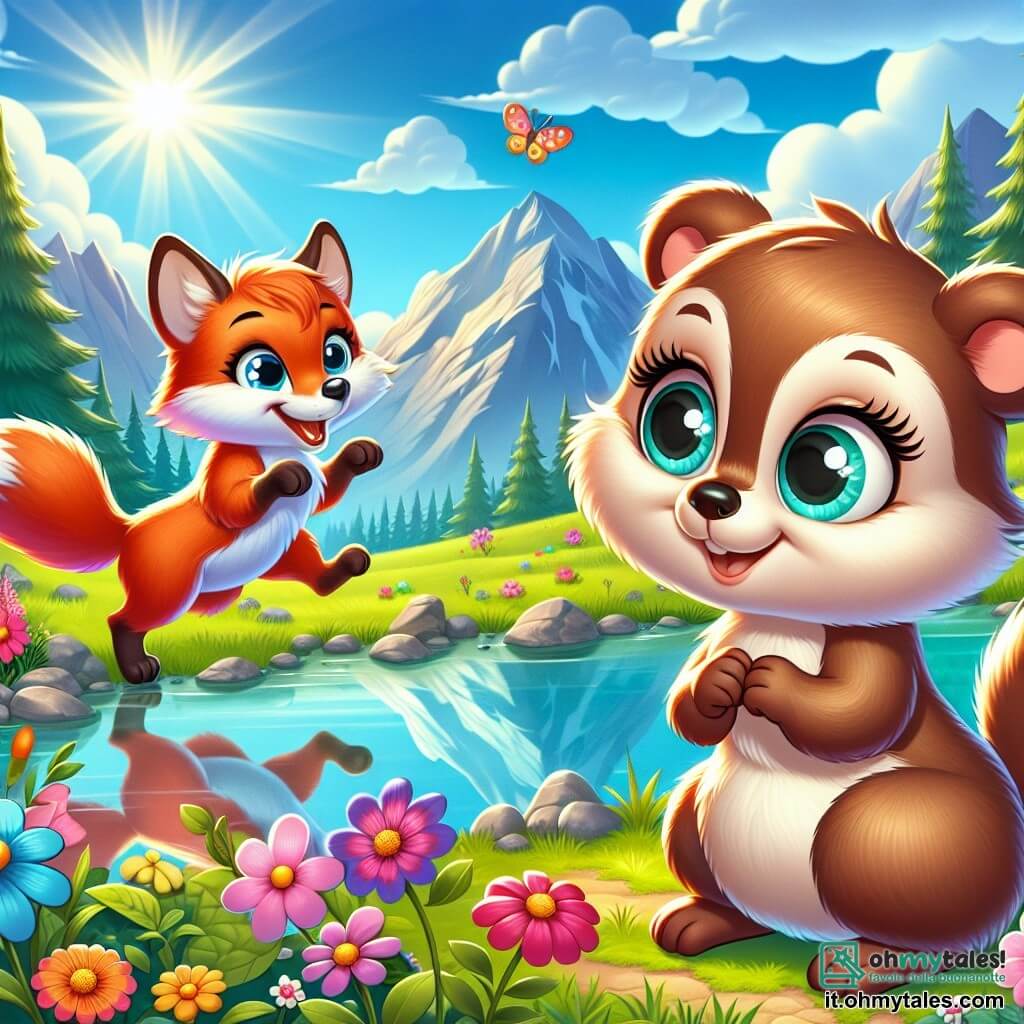 Una piccola marmotta di nome Milla, con un pelo morbido e marrone, occhi scintillanti di curiosità e un sorriso gioioso, si trova sulla riva di un lago cristallino, contemplando il suo riflesso nell'acqua. Accanto a lei, una volpe amichevole di nome Lila, con un pelo rosso brillante e occhi maliziosi, salta di gioia, con le zampe posteriori leggermente sollevate, pronta a esplorare. Sullo sfondo, una splendida radura è piena di fiori colorati che danzano al vento, mentre maestose montagne si ergono sotto un cielo blu brillante, punteggiato da nuvole bianche e soffici. La scena principale mostra Milla e Lila, meravigliate dalla bellezza della natura, pronte a vivere una nuova avventura insieme, circondate dalla magia della loro amicizia.