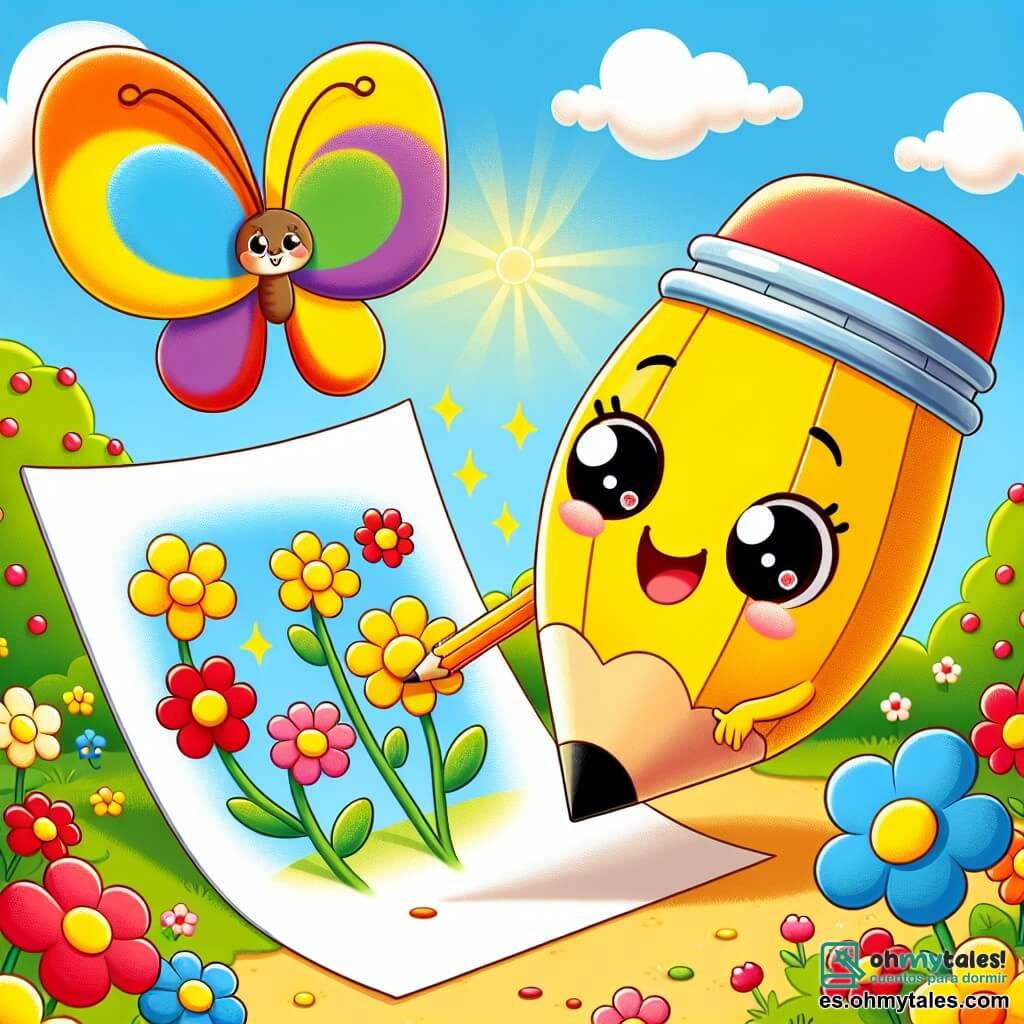 Un pequeño lápiz amarillo llamado Pipo, con una sonrisa alegre y ojos brillantes, está dibujando flores coloridas en una gran hoja de papel. A su lado, una mariposa de alas multicolores, flotando en el aire con una expresión juguetona, admira los dibujos mientras bate sus alas. Al fondo, un jardín vibrante de primavera, lleno de flores rojas, azules y amarillas, bajo un cielo azul claro y soleado. La escena muestra a Pipo y a la mariposa compartiendo un momento de creatividad y alegría, rodeados de la belleza de la naturaleza.