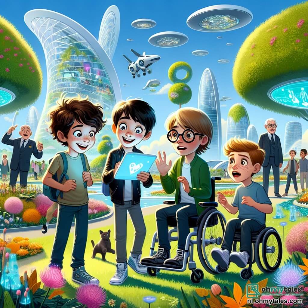 In een futuristisch park staan vier vrienden samen, omringd door groen en technologie. Finn, een 11-jarig jongen met rommelig bruin haar en sprankelende ogen, glimlacht enthousiast terwijl hij een tablet vasthoudt. Joris, een 11-jarig jongen in een rolstoel, draagt ronde brillen en heeft blond haar. Hij kijkt aandachtig naar het scherm van Finn, zijn gezicht verlicht door nieuwsgierigheid. Sam, een 10-jarig jongen met zwart haar en sproeten, staat naast Joris met gekruiste armen en een brede glimlach, klaar om zijn enthousiasme te delen. Luca, een 10-jarig jongen met kastanjebruin haar en een licht bezorgde uitdrukking, staat op de achtergrond en observeert de omgeving voorzichtig. Het park is gevuld met kleurrijke bloemen en futuristische sculpturen, met bomen met luminescente bladeren en zwevende hologrammen in de lucht. Op de achtergrond rijzen moderne gebouwen met organische vormen naar de lucht, terwijl hovercrafts zachtjes boven hen glijden. De vrienden discussiëren gepassioneerd over hun recente ontdekking van nieuwe energie, hun gezichten stralend van opwinding, terwijl ze zich voorbereiden om hun ongelooflijke verhaal met de stadsbewoners te delen.