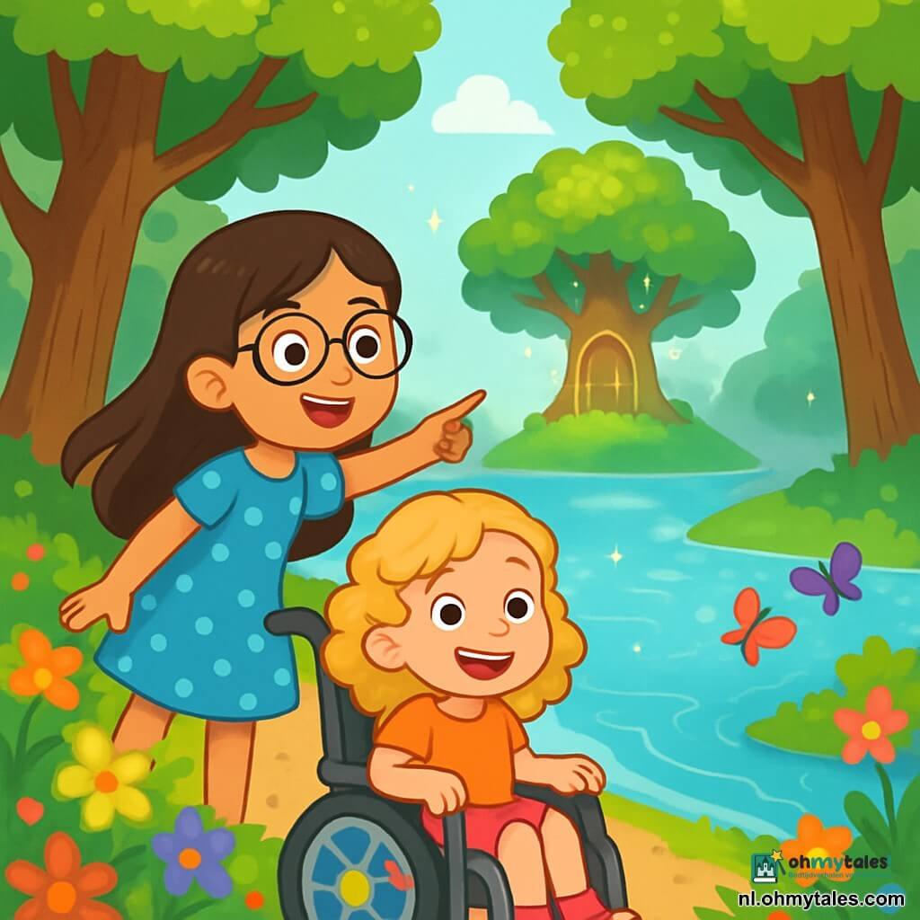 Er zijn 2 hoofdpersonages: - Emma: een 8-jarig meisje met krullend blond haar en sprankelende ogen. Ze zit in een mooie rolstoel versierd met kleurrijke bloemen en lacht enthousiast. - Noor: een 8-jarig meisje met steil bruin haar en ronde bril. Ze draagt een blauwe jurk met stippen en staat naast Emma, wijzend naar een mysterieuze eiland in de verte met een opgewonde blik. De situatie speelt zich af bij een glinsterende rivier, omringd door grote bomen met heldergroene bladeren. Multicolore bloemen sieren de oevers en vlinders dansen in de lucht. In de verte verschijnt een klein eiland uit de mist, met een grote boom met een knoestige stam en een mysterieuze houten deur. De hoofdscène van het verhaal toont Emma en Noor, verwonderd, terwijl ze het magische eiland ontdekken, omringd door sprankelende lichten en een sfeer van avontuur en mysterie.