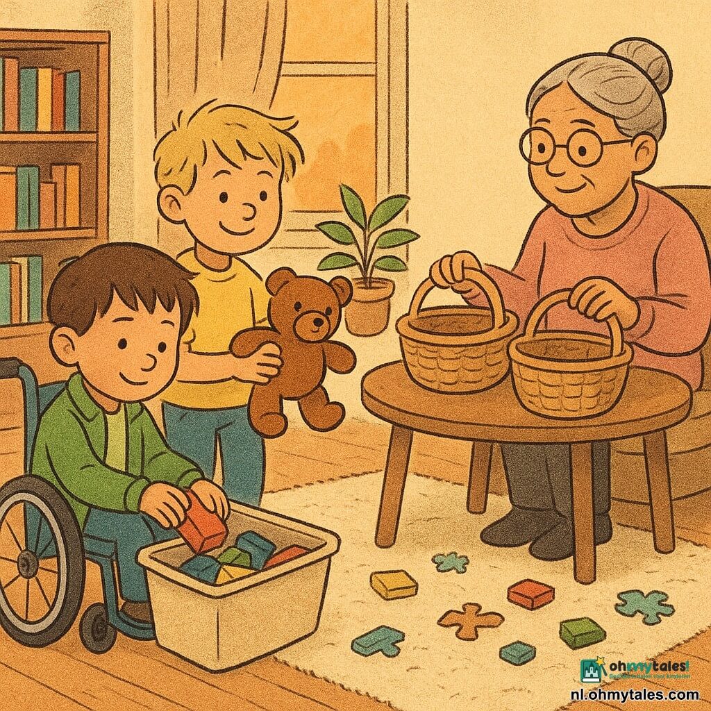 Drie personen: Milo, jongen 5 jaar, kort bruin haar, lichte huid, zit in een kleine blauwe rolstoel bij de tafel, draagt een groene jas en legt rustig een bouwsteen in een bak; Sem, jongen 5 jaar, rommelig blond haar, lichte huid, staat links van Milo, draagt een geel T‑shirt en jeans, glimlacht en zet een bruine knuffel in een andere bak; oma, vrouw ~70 jaar, grijs haar in een knot, ronde bril, zit rechts achter de tafel, draagt een roze trui en houdt drie kleine rieten mandjes naar de kinderen met een glimlach. Locatie: warme, lichte woonkamer met lichte houten vloer, grote raam met zachte oranje avondlicht, boekenplank, ronde houten tafeltje, kussens, groene plant bij het raam en speelgoed en puzzelstukjes op een crème tapijt. Situatie: kinderen en oma sorteren en ruimen samen speelgoed; rustige, geconcentreerde gezichten, langzame zorgzame gebaren en een sfeer van rustige samenwerking.