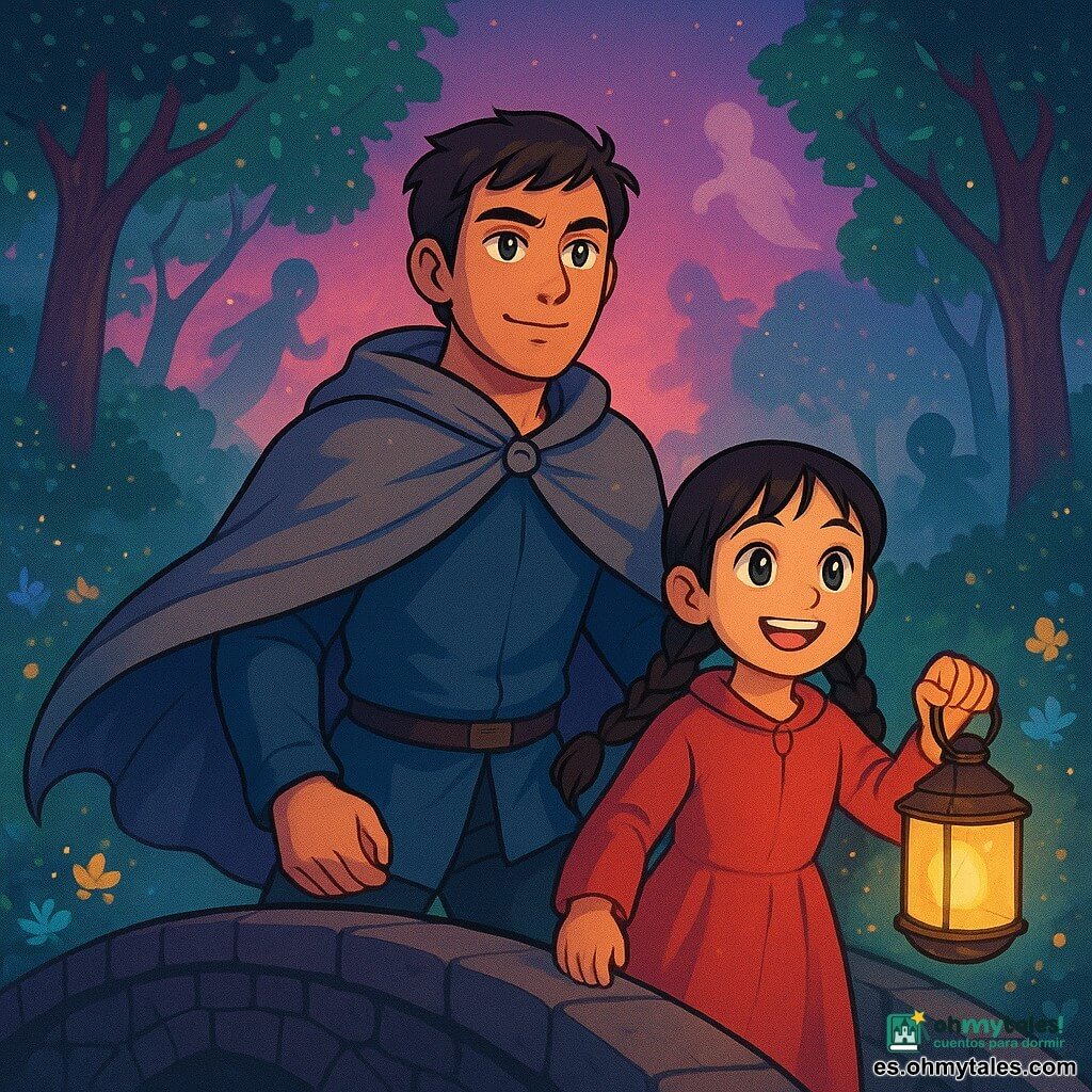 Un hombre llamado Elías, de unos treinta años, se encuentra al borde de un puente de piedra oscura, su rostro marcado por una determinación suave y ojos brillantes como estrellas. Lleva una capa gris que flota ligeramente al viento, reflejando los colores cambiantes del cielo. A su lado, una niña de diez años, Liria, con trenzas negras y una sonrisa radiante, sostiene un farol de cristal iluminado con luz dorada, sus ojos brillando de emoción y curiosidad. El lugar es un bosque encantado, donde los árboles de troncos gruesos están adornados con hojas brillantes, y flores luminosas crecen a lo largo del camino, creando una atmósfera mágica. El cielo sobre ellos es una mezcla de violetas y rosas, como un atardecer de cuento de hadas. La escena principal muestra a Elías y Liria, de la mano, listos para cruzar el puente misterioso, rodeados de una ligera niebla y siluetas de recuerdos flotantes, simbolizando sus miedos y sueños, mientras se embarcan en el camino hacia el reino olvidado.