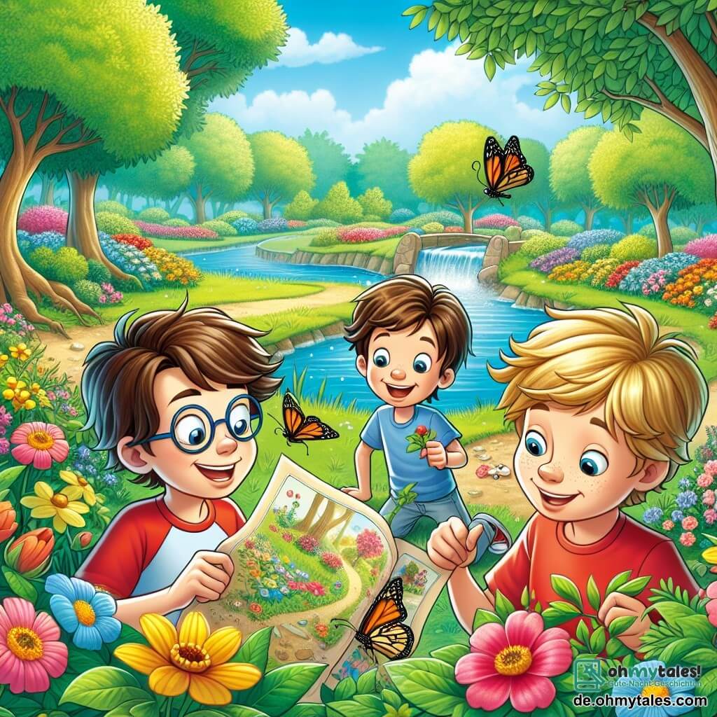 Drei Jungen, Max, Tom und Ben, sind in einem blühenden Park versammelt. Max, ein 10-jähriger Junge mit braunen Haaren und einer Brille, lächelt und hält eine Schatzkarte. Tom, ebenfalls 10 Jahre alt, hat blonde Haare und trägt ein rotes T-Shirt, er zählt begeistert Blumen. Ben, ein 9-jähriger Junge mit kastanienbraunen Haaren und einem blauen Pullover, beobachtet einen Schmetterling, der um sie herumfliegt. Der Park ist ein magischer Ort, voller bunter Blumen, die im Wind tanzen. Majestätische Bäume säumen den Weg, und ein kleiner Teich glitzert in der Sonne, wo Frösche fröhlich quaken. Der Himmel ist strahlend blau, mit einigen flauschigen weißen Wolken. Die drei Freunde bereiten sich auf ihre Frühlingsschatzsuche vor, umgeben von der Schönheit der Natur, und sind aufgeregt, versteckte Hinweise zu entdecken, während sie die Wunder des Frühlings erkunden.
