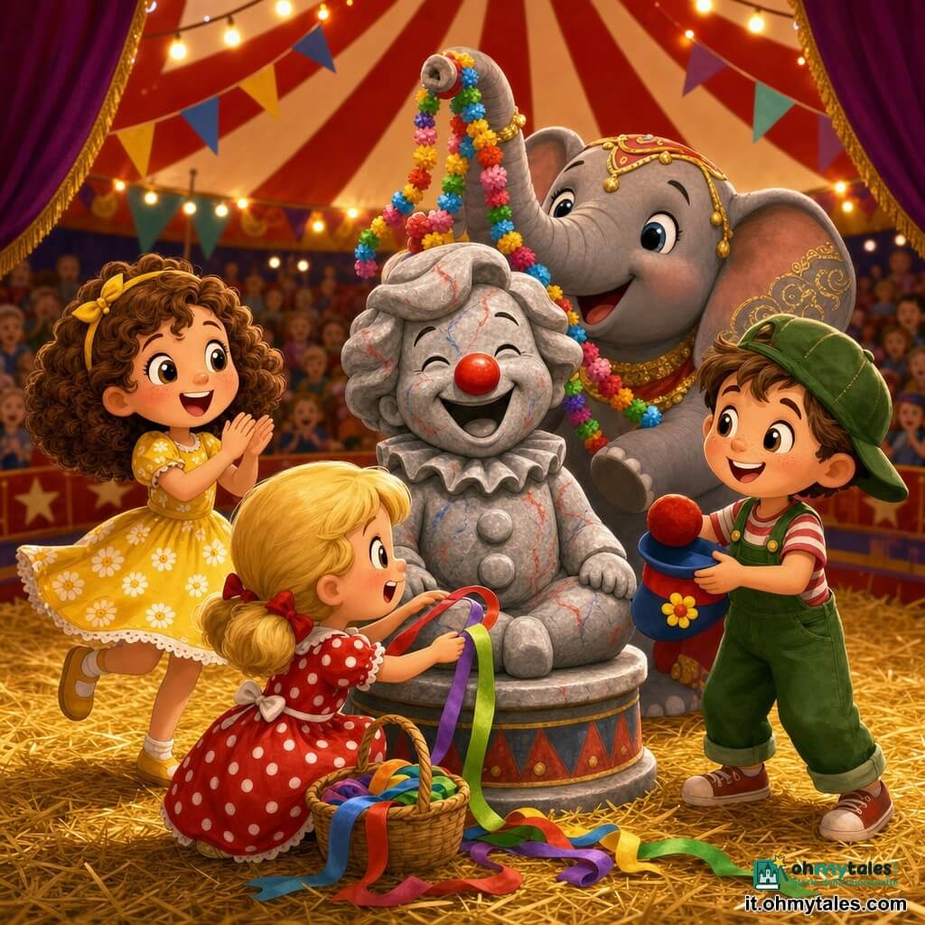Ci sono 5 personaggi: Pietro, una statua maschile che ride, alta come un adulto, in pietra grigia lucida con striature rosse e blu sul costume e naso rosso brillante, seduto su un piccolo basamento al centro della pista con la testa inclinata a ridere; Sara, bambina di 7 anni con capelli castani ricci e vestito giallo a fiori, a sinistra di Pietro che applaude saltellando in punta di piedi; Tommaso, ragazzo di 7 anni con capelli corti castani, salopette verde e berretto storto, a destra di Pietro che tiene un piccolo cappello da clown; Anna, bambina di 6 anni con capelli biondi a coppette e vestito a pois rossi e bianchi, davanti a Pietro mentre posa nastri colorati da un cesto di vimini; Ella, femmina elefante piccola e tondeggiante con pelle grigia decorata d’oro sulle orecchie, dietro Pietro che porta ghirlande sulla proboscide. Luogo: sotto un grande tendone da circo a righe rosse e bianche, paglia dorata per terra, lanterne sospese, bandierine e tendoni di velluto porpora, gradinate piene di sagome sfocate. Situazione: cerimonia festosa di consegna dei nastri, Pietro ride al centro mentre i tre bambini distribuiscono nastri e l’elefante aiuta con le ghirlande; scena gioiosa, colori vivaci, atmosfera calda e luminosa.