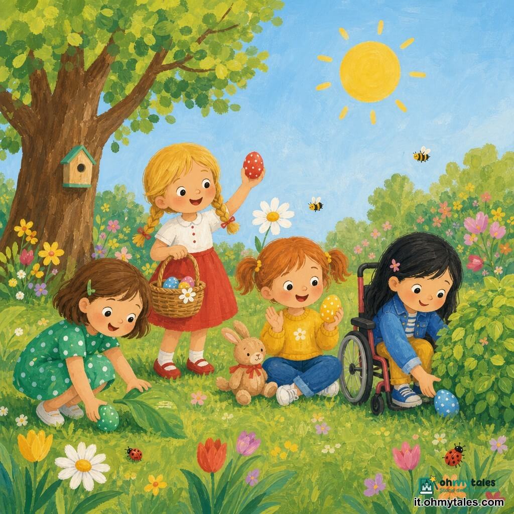Ci sono quattro bambine: Mia, 5 anni, capelli corti castani, vestito verde a pois bianchi, accovacciata a sinistra mentre raccoglie un uovo verde sotto una grande foglia; Sara, 5 anni, capelli biondi a trecce, gonna rossa, in piedi accanto a Mia con un cestino che mostra un uovo rosso vicino a una margherita; Lili, 4 anni, capelli rossi a codini, maglione giallo, seduta al centro battendo le mani e tenendo un uovo giallo accanto a un coniglietto di pezza; Emma, 6 anni, capelli lunghi neri, giacchetta blu, a destra seduta su una sedia a rotelle che tocca l'erba mentre scopre un uovo blu sotto un cespuglio. Ambientazione: giardino primaverile soleggiato con erba verde, fiori (margherite, piccole tulipane), qualche bombo e coccinella, un cespuglio rotondo a destra e un grande albero a sinistra, cielo azzurro e sole caldo. Situazione: caccia alle uova di Pasqua con grandi uova colorate sull'erba, espressioni gioiose, stile gouache a tratti morbidi, colori vivaci e texture di pennello, luce calda e atmosfera serena.