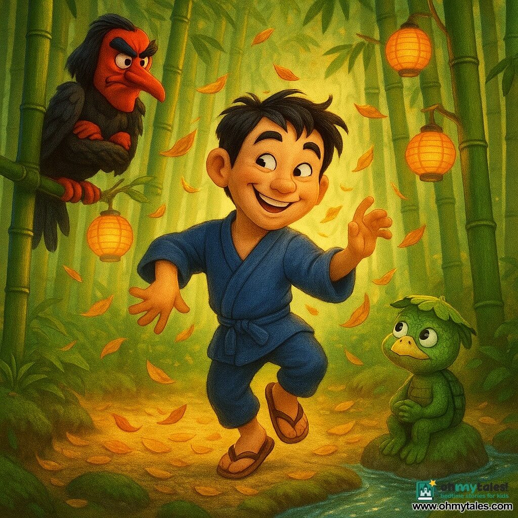 A smiling, mischievous man named Jiro, about 30, with almond eyes and short black hair in strands, wearing a simple indigo kimono and wooden sandals, dances with bent knees and arms like he’s following swirling leaves; to his right a small scaly green kappa sits by a clear stream wearing a leaf as a hat and clapping, while to his left a tall red-faced tengu with a long nose and black shoulder feathers perches on a low branch with arms crossed, watching amusedly; setting: a bamboo forest clearing with tall green stalks, golden leaves and emerald moss on the ground, a sparkling stream in the foreground and paper lanterns hanging from branches; mood: magical, late-afternoon soft light, saturated green and red palette, detailed textures (wood, scales, fabric), 3D animated film style with rounded forms, exaggerated expressions and gentle depth of field.