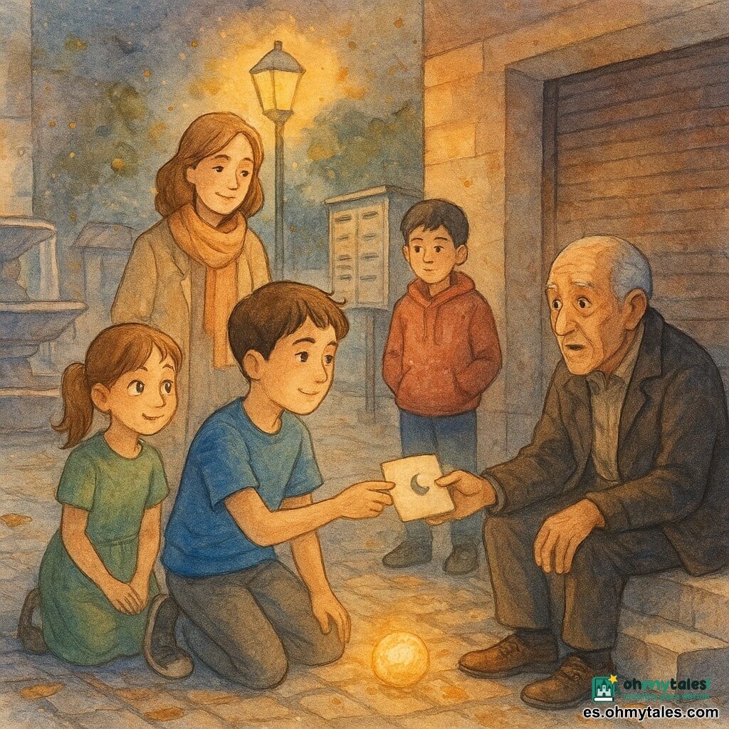 Un niño de 12 años, expresión dulce y atenta, pelo castaño corto, camiseta azul y pantalón gris, arrodillado en un empedrado, extiende la mano para ofrecer un pequeño sobre crema con una viñeta de luna; detrás, su madre (35–40 años), con pañuelo ligero y abrigo beige, lo mira con ternura; un anciano (don Eusebio, ~75 años), rostro arrugado y ojos sorprendidos, con chaqueta oscura, sentado en un escalón junto a una tienda cerrada, acepta el sobre; a su lado, Lina (niña de 10 años) con coletas y vestido verde sonríe tímidamente; en el fondo, Samir (12 años) con sudadera roja observa con curiosidad; en el suelo, una canica luminosa del tamaño de una mora emite un brillo dorado junto a los zapatos del niño; lugar: pequeña plaza vecinal empedrada con fuente goteante, banco de madera, buzón comunitario metálico, faroles amarillos que difunden luz cálida, fachadas cerradas y hojas caídas; escena principal: ofrenda discreta de un “sobre silencioso” a un vecino mayor durante una caminata nocturna de Ramadán, ambiente sereno y solidario, iluminación suave, colores cálidos y lavados y textura de acuarela con pequeñas salpicaduras controladas alrededor de las luces.