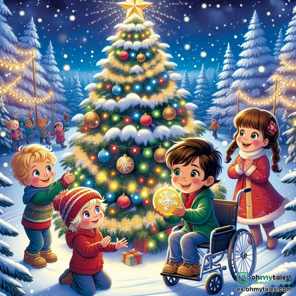 En un hermoso paisaje nevado, cuatro amigos se reúnen alrededor de un enorme árbol de Navidad. Lucas, un niño de cuatro años con cabello castaño y ojos brillantes, observa con asombro el copo de nieve dorado que sostiene en sus manos. A su derecha, Sofía, una niña de cabello rubio y trenzas, sonríe alegremente, con las mejillas sonrojadas por el frío. Tomás, un niño de cabello castaño y con un gorro rojo, sube con cuidado a las ramas del árbol, decidido a colocar el copo dorado en la cima. Por último, Nico, un niño de cabello negro, está sentado en su silla de ruedas decorada con luces de colores, aplaudiendo con entusiasmo. El lugar es un bosque encantado, donde los árboles están cubiertos de una gruesa capa de nieve brillante y copos de nieve caen suavemente del cielo azul claro. La situación principal muestra a los amigos unidos en su misión mágica: Lucas y Sofía admirando el copo de nieve dorado, mientras Tomás se esfuerza por colgarlo en la cima del árbol, y Nico anima a sus amigos con una gran sonrisa, creando una atmósfera de camaradería y alegría festiva.