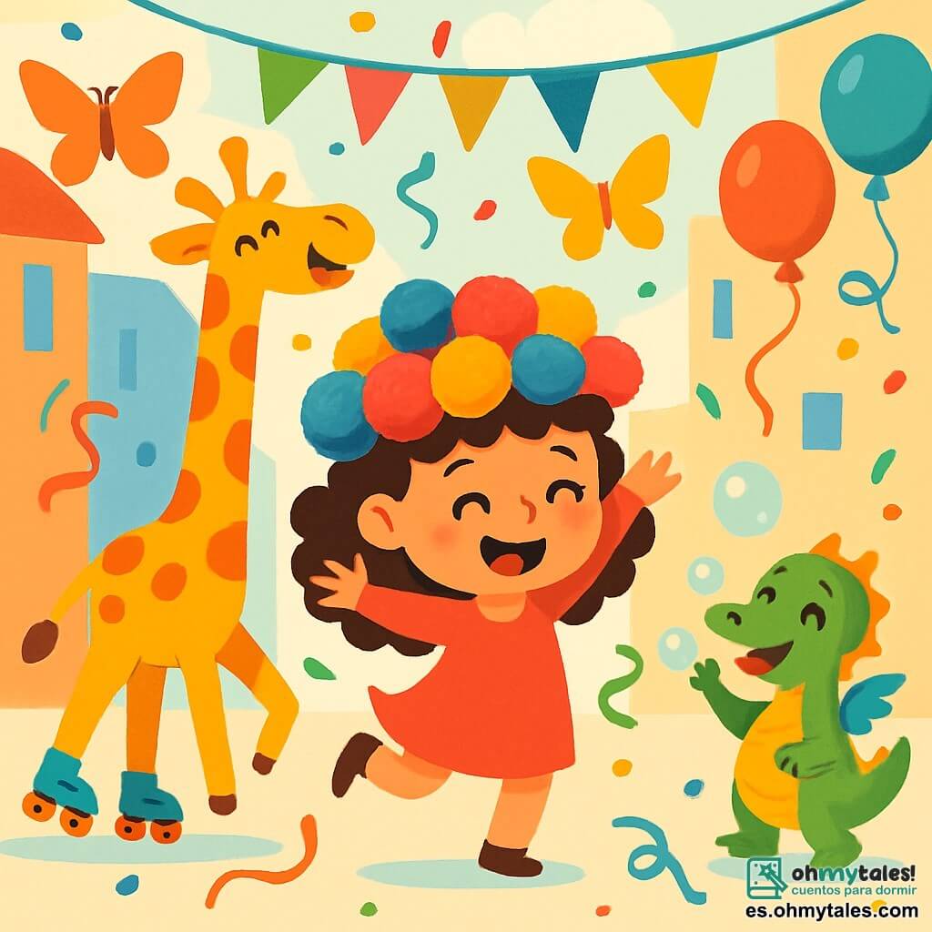 Una niña de 4 años, con cabello rizado y una gran sonrisa, lleva un gorro lleno de pompones multicolores. Baila con entusiasmo en una calle animada, rodeada de serpentinas y globos flotantes. Junto a ella, una jirafa amarilla con patines, llamada Pepa, hace piruetas riendo. Un pequeño dragón brillante de escamas verdes, llamado Lulo, sopla burbujas de jabón mientras se divierte. El decorado es una calle festiva, adornada con guirnaldas coloridas, confeti cayendo del cielo y grandes mariposas de papel que revolotean. En esta escena, Sofía, llena de energía y emoción, se prepara para una aventura en busca de un tesoro misterioso, rodeada de sus nuevos amigos.