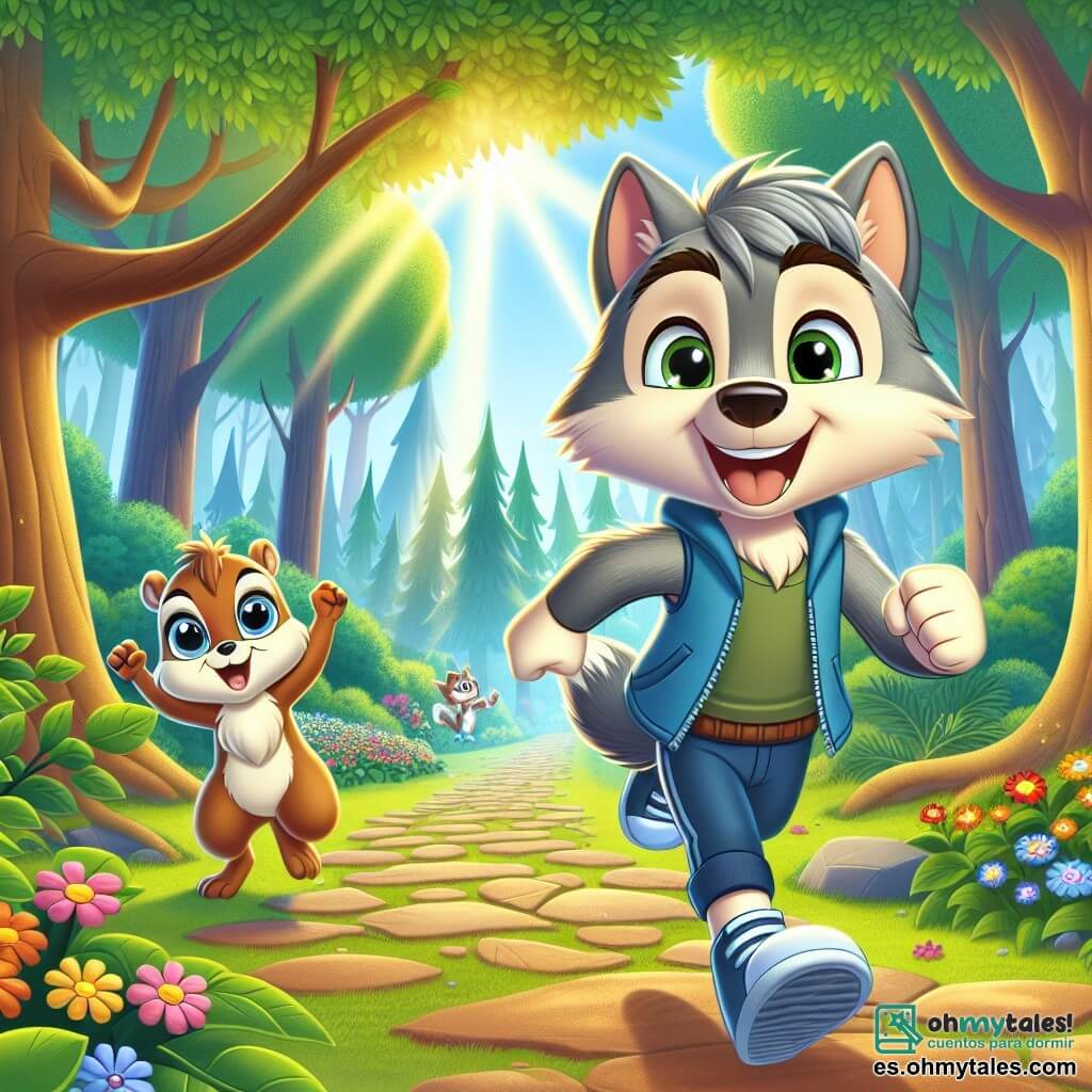 Leo, un joven lobo de pelaje gris y grandes ojos expresivos, está en el centro de la escena con una expresión de determinación y alegría en su rostro. Corre por un sendero forestal, sus patas se lanzan con energía, mientras flores coloridas bordean el camino. A su derecha, Zuri, una pequeña ardillona de pelaje marrón claro y ojos chispeantes, lo anima con una gran sonrisa, levantando una pata en el aire como para aplaudirlo. Ella está llena de entusiasmo y se sostiene en una rama baja de un árbol, lista para saltar y unirse a él. El escenario es un magnífico bosque encantado, con árboles majestuosos y hojas de un verde brillante. Rayos de sol atraviesan el follaje, iluminando el sendero y creando una atmósfera mágica. La situación principal muestra a Leo corriendo con confianza, listo para participar en la Gran Carrera del Bosque, mientras Zuri lo anima, simbolizando la importancia de la amistad y el apoyo en la búsqueda de la confianza en uno mismo.