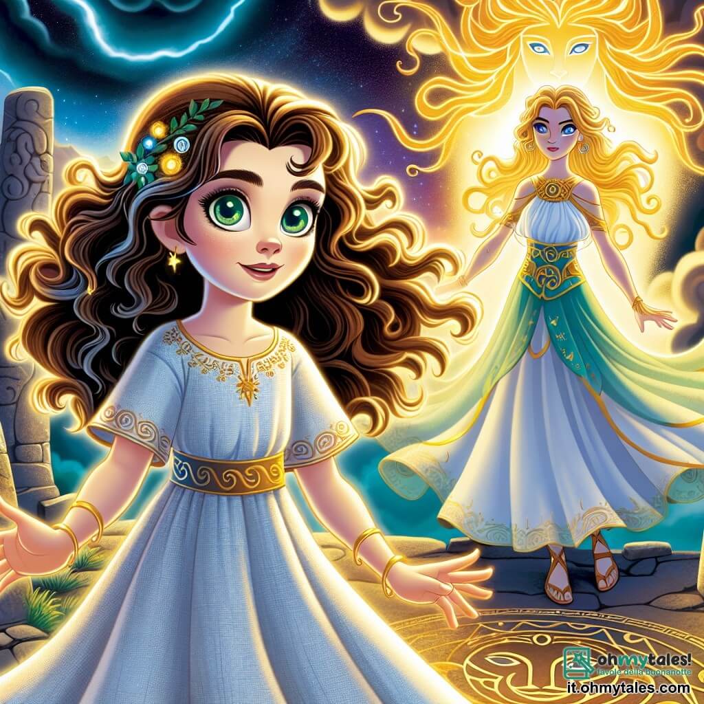 Callista, una giovane donna dai capelli castani e ondulati, si erge fiera sulla cima del monte Olimpo, il suo volto illuminato dalla determinazione e dalla magia che la circonda. Indossa un abito di lino blu chiaro, decorato con motivi dorati, e i suoi occhi verdi brillano di coraggio mentre si prepara ad affrontare un'ombra minacciosa. Accanto a lei, Eos, la dea dell'aurora, appare come una figura eterea, con capelli dorati che fluttuano intorno a lei come raggi di sole. Sorride dolcemente, i suoi occhi scintillanti di saggezza, mentre tende una mano protettiva verso Callista, pronta a offrirle supporto. Il paesaggio è maestoso: la cima del monte Olimpo è circondata da nuvole scure e turbinose, mentre una luce dorata filtra attraverso, illuminando il volto di Callista. Pietre antiche e simboli mistici sono incisi nel suolo, aggiungendo un tocco di mistero all'ambiente. La situazione principale mostra Callista pronta ad affrontare un'ombra minacciosa che emerge dalle tenebre, un combattimento epico tra luce e oscurità, dove magia e coraggio si intrecciano in un balletto dinamico e colorato.