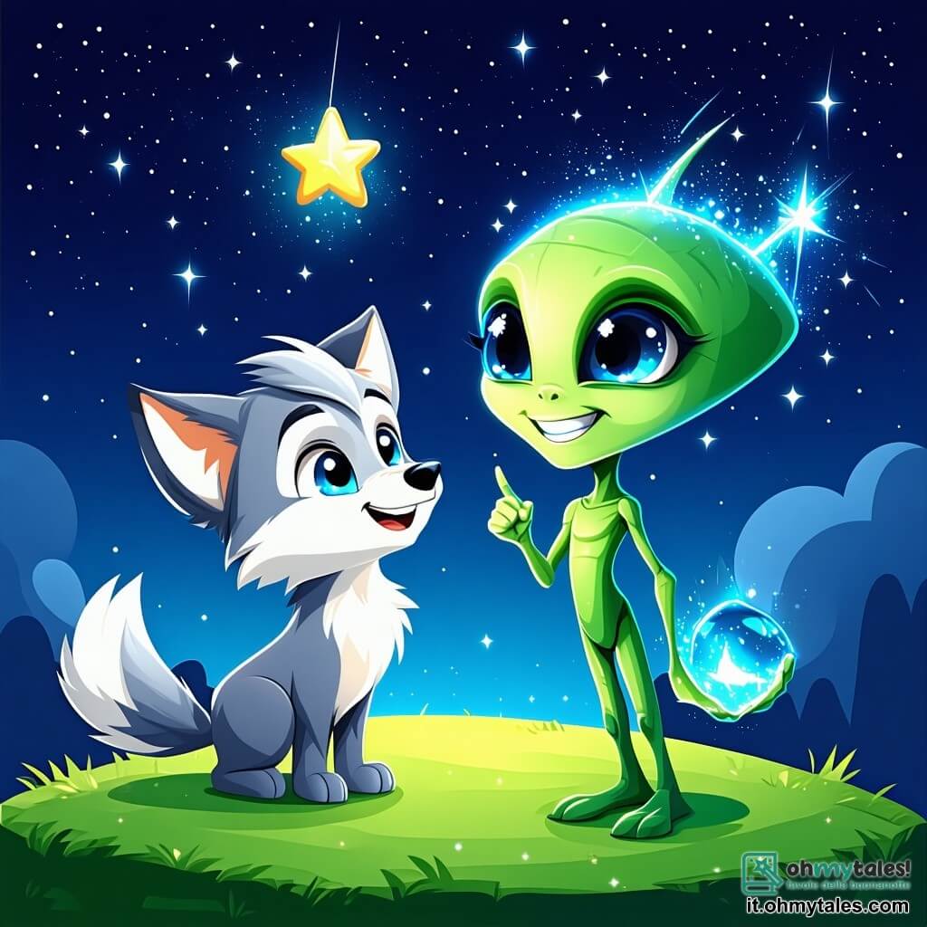 Lupoletto, un giovane lupo dai peli argentati e dagli occhi azzurri, si trova su un piccolo altopiano verde, con lo sguardo meravigliato verso il cielo stellato. La sua espressione è piena di curiosità mentre alza una zampa per indicare una stella particolarmente brillante. Accanto a lui, Zog, un extraterrestre amichevole dalla pelle verde brillante e dai grandi occhi scintillanti, sorride entusiasta, tenendo un piccolo dispositivo che proietta immagini delle stelle. Lumi, un altro extraterrestre dai colori vivaci e dalle antenne delicate, è seduto su una pietra, con gli occhi spalancati per l'ammirazione, mentre disegna costellazioni su un taccuino fluttuante. Il luogo è un paesaggio notturno da favola, con dolci colline, alberi dai tronchi dorati e un cielo pieno di stelle scintillanti, creando un'atmosfera magica e pacifica. La scena principale mostra Lupoletto e i suoi amici extraterrestri che condividono storie sotto le stelle, unendo le loro culture in un momento di scoperta e amicizia.