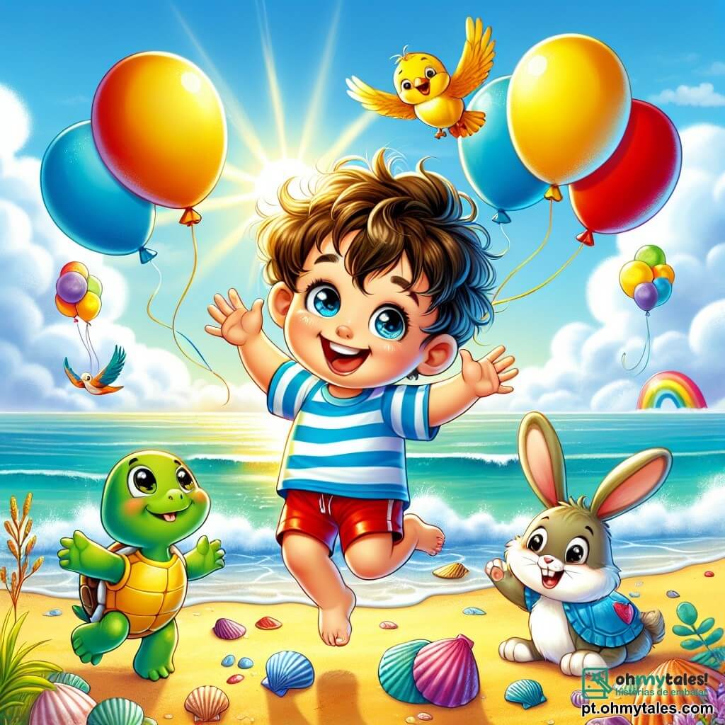 Um menino de 4 anos, Miguel, com cabelos castanhos bagunçados e olhos brilhantes de alegria, está pulando de felicidade na praia, cercado por balões coloridos. Ele usa uma camiseta listrada azul e um short vermelho, com um grande sorriso no rosto, mostrando sua empolgação pelo aniversário. Ao lado dele, uma tartaruga chamada Tita, com uma casca verde e olhos travessos, está na praia, sorrindo e levantando uma pata para cumprimentar Miguel. Um pássaro colorido, Bibi, com penas amarelas, azuis e vermelhas, voa acima deles, cantando alegremente. Um coelho travesso, Pipo, com grandes orelhas brancas e pelagem macia, está cavando na areia, a poucos passos de Miguel, pronto para construir um castelo de areia. A cena acontece em uma praia ensolarada, com ondas suaves lambendo a costa, conchas espalhadas na areia dourada e um céu azul brilhante com algumas nuvens brancas fofas. A situação principal mostra Miguel, Tita, Bibi e Pipo celebrando juntos seu aniversário, cantando e rindo, cercados por balões flutuantes e um grande bolo de chocolate decorado com velas, criando uma atmosfera festiva e mágica.