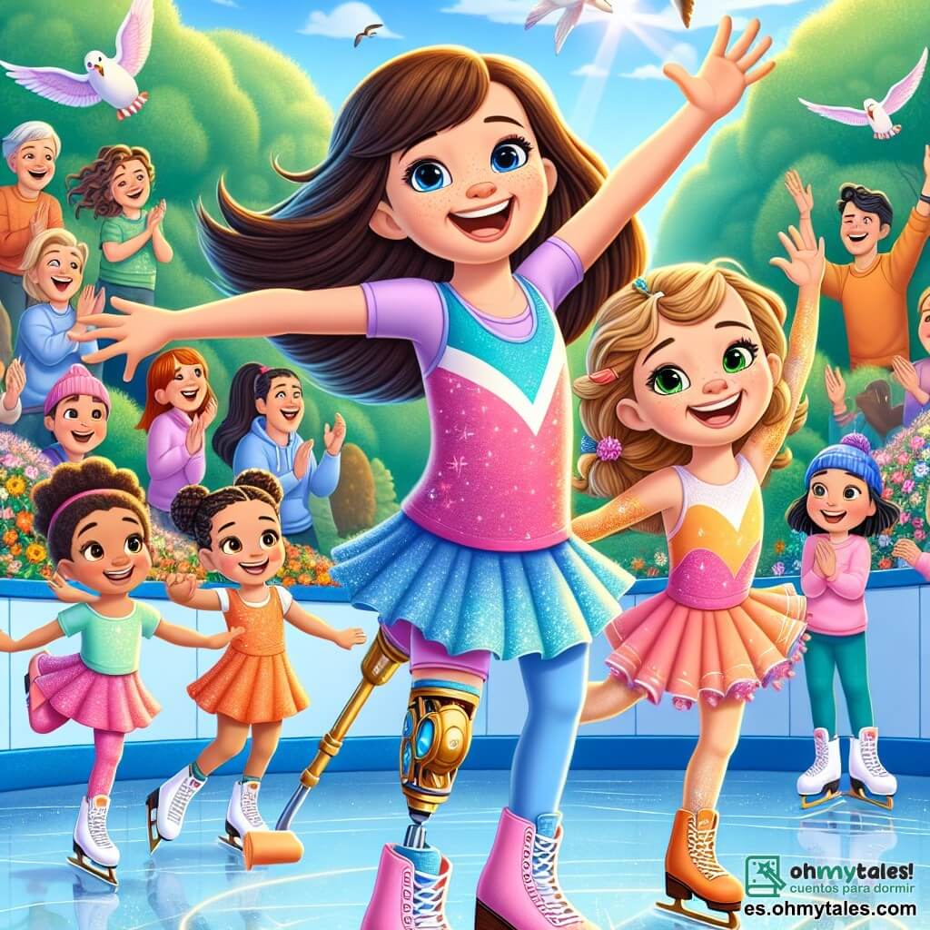 En el centro de la escena, Ana, una niña de seis años con largos cabellos castaños y una gran sonrisa, patina con gracia en una pista de patinaje. A su derecha, Lila, una niña de seis años con cabello rubio y una prótesis en la pierna, realiza un salto alegre, con sus ojos brillando de determinación. Al fondo, Carla, una niña de ocho años con cabello negro y trenzas, anima a sus amigas con una gran sonrisa, mientras que dos niñas mayores las observan con admiración. El lugar es un parque soleado, con árboles verdes y flores coloridas alrededor de la pista. El cielo es de un azul brillante y los pájaros vuelan alegremente sobre los niños. Espectadores, familias y amigos están sentados en bancos, aplaudiendo y sonriendo. La situación principal muestra a Ana y Lila animándose mutuamente para realizar un salto difícil, con sus rostros radiantes de alegría y emoción, mientras el público las aplaude entusiastamente.