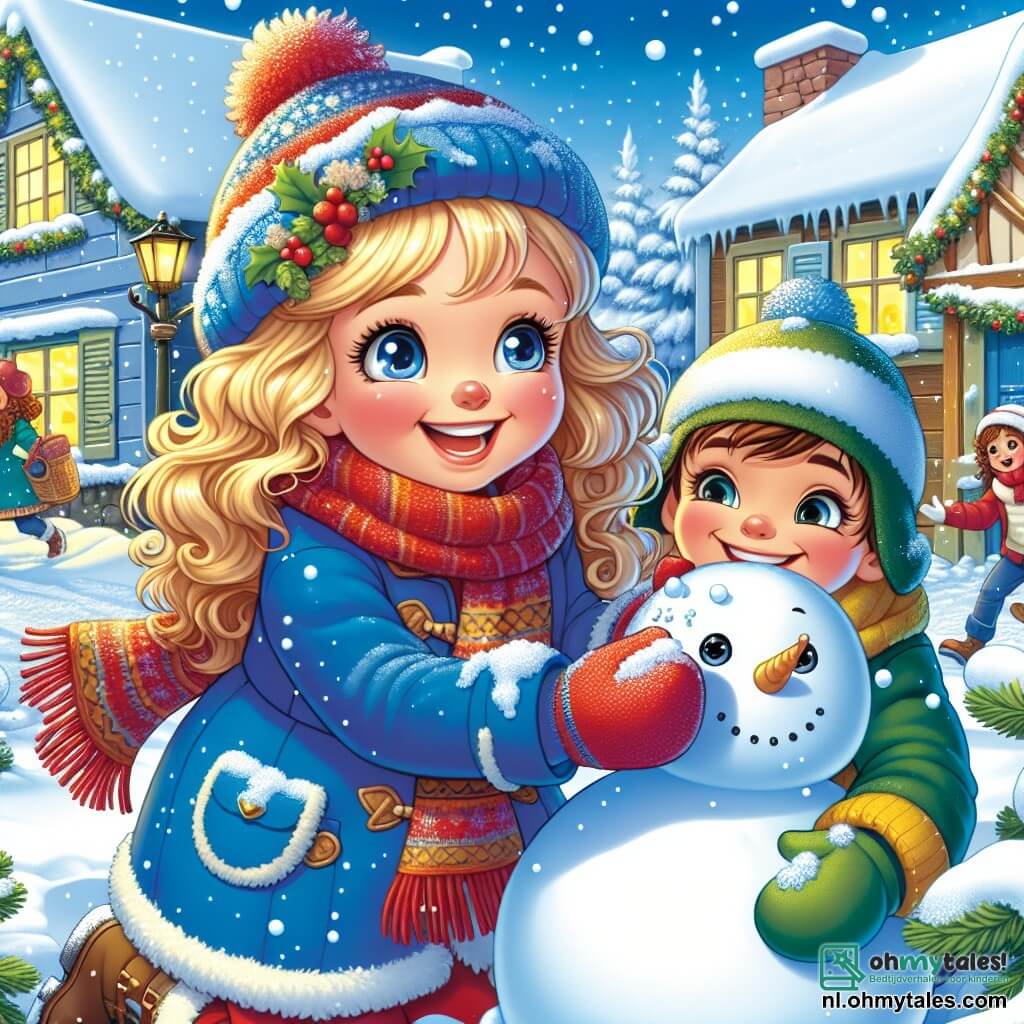 Een 11-jarig meisje, Sanne, met blond, krullend haar, draagt een rode sjaal en een felblauwe jas. Ze heeft sprankelende ogen van blijdschap en een brede glimlach terwijl ze een grote sneeuwpop bouwt, met lichtroze wangen door de kou. Naast haar staat haar beste vriend Tom, een 11-jarig jongetje met bruin haar en een bril, die lacht terwijl hij een sneeuwbal gooit. Hij draagt een groene muts en een gele jas en staat een beetje op de achtergrond, klaar om deel te nemen aan een sneeuwballengevecht. De omgeving is een charmant besneeuwd dorp, met houten huizen met met sneeuw bedekte daken, kerstbomen versierd met lichtjes en een helderblauwe lucht vol vallende sneeuwvlokken. De scène toont Sanne en Tom in actie, omringd door andere kinderen die zich vermaken in de sneeuw, wat een feestelijke en vrolijke sfeer creëert, vol met lachen en kameraadschap.