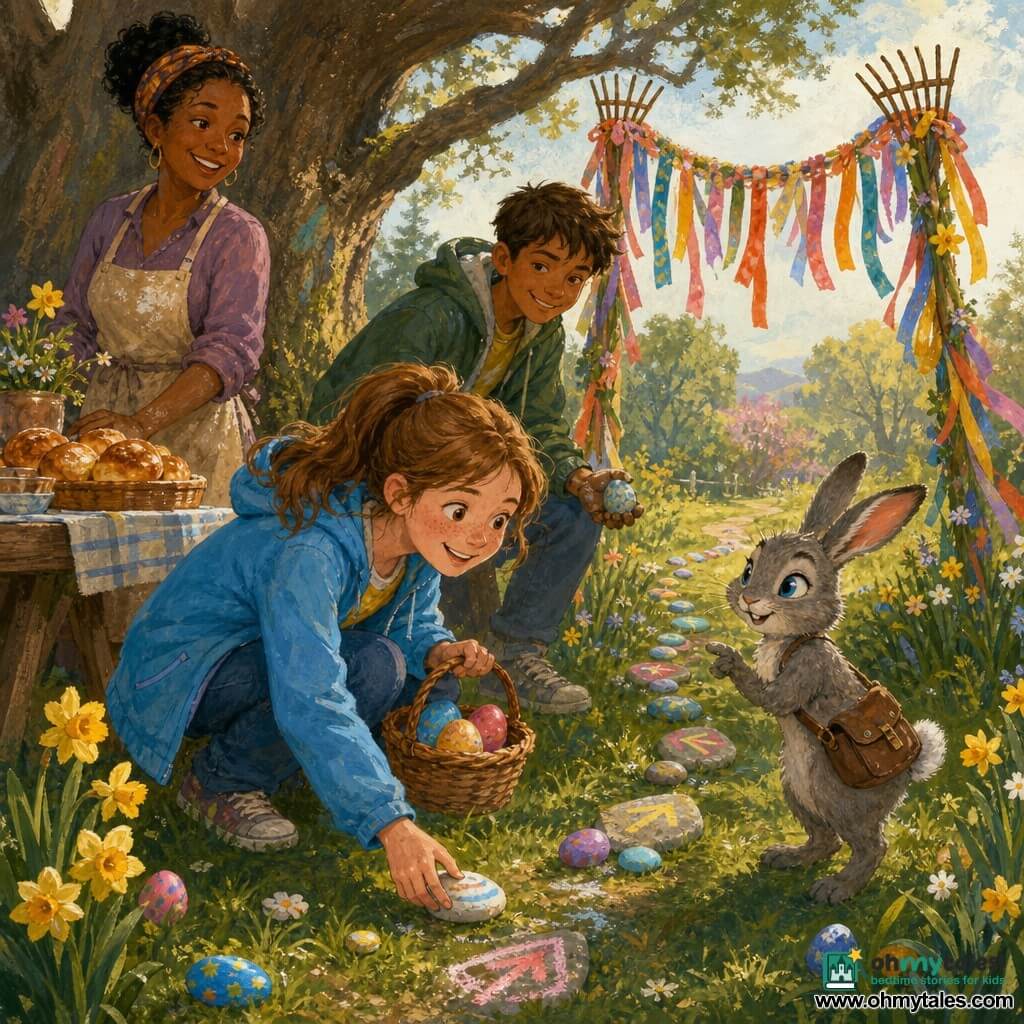 A joyful, wide-smiling 12-year-old girl with light brown ponytail and freckles, wearing a sky-blue jacket, holds a wicker basket of colored eggs and places a white striped stone beside a chalk arrow on the grass; her teasing but tender ~14-year-old brother with short brown hair and a green jacket stands behind her holding a speckled egg with slightly dirt-stained hands; their smiling ~38-year-old mother with hair tied back and a flour-dusted apron stands left by a picnic table with buns, watching kindly. A small anthropomorphic gray hare named Sprig with marble-blue eyes and a satchel stands on hind legs before the girl, mischievous and guiding. Morning park setting with green grass dotted with yellow daffodils, an old oak with colorful roots, ribbon garlands strung between two rakes forming an arch, and bright chalk arrows on stones and the path. Main scene: the girl discovers the decorated arch and follows a trail of eggs and small shiny pebbles leading to the "Bright Patch"; soft light, saturated colors, visible gouache textures (brushstrokes, washes, pigment marks), festive warm atmosphere.