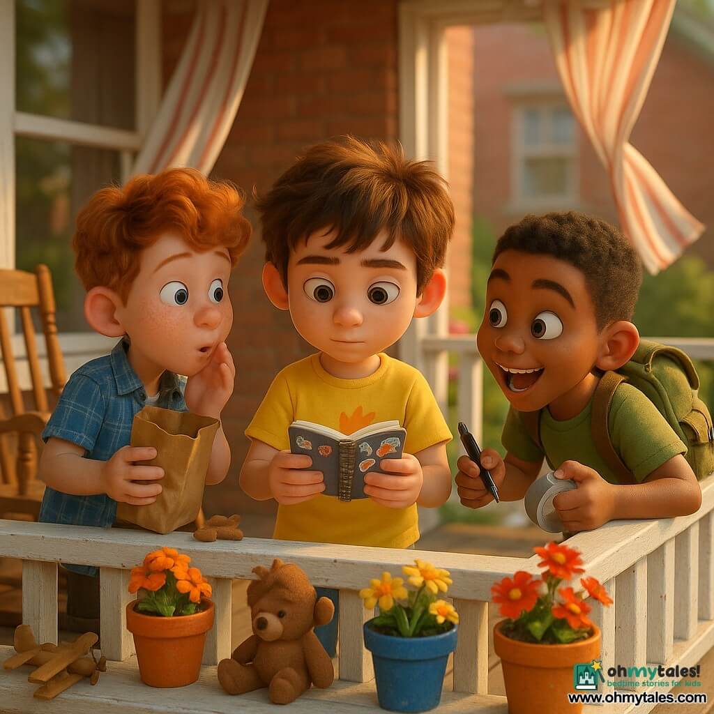 Three boys on a small white-painted wooden porch bathed in warm morning light: Milo, about 8, messy brown hair, bright yellow T‑shirt with a paint stain holding a small notebook labeled "SUPER SECRET PLANS" at the center, Jax, about 8, fair with curly red hair in a blue plaid shirt, to Milo's left with a crinkling brown paper bag slightly open, and Theo, about 8, mixed race with short black hair wearing an olive backpack to Milo's right leaning forward holding a black marker and tape; they are joyfully preparing a Father's Day surprise, Milo showing the notebook, Jax pulling noisy supplies from the bag, Theo ready to glue, animated expressions and gestures, colorful flower pots on the porch ledge, striped curtains blowing in the breeze and a blurred red brick house in the background.