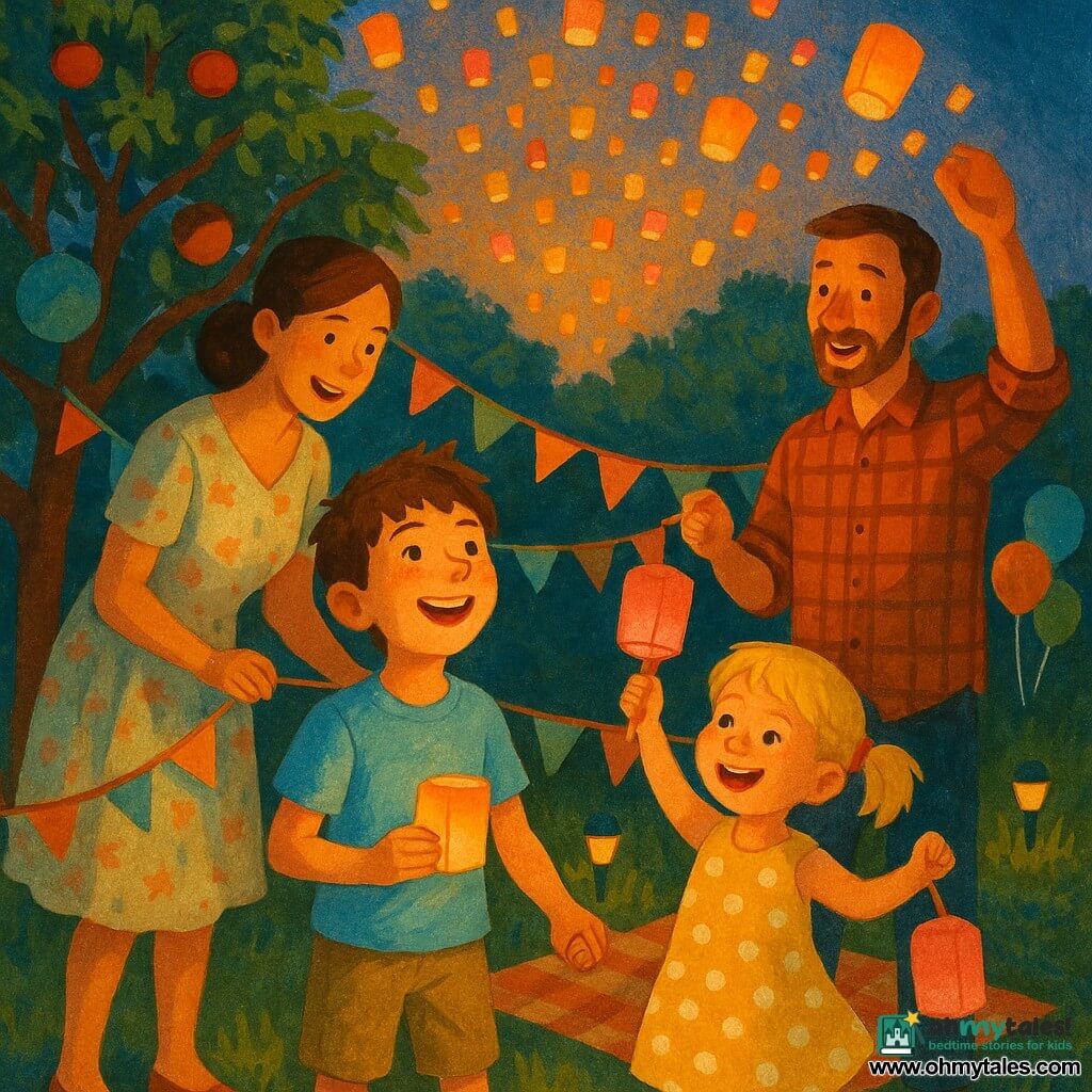 A radiant 10‑year‑old boy, Milo, with messy brown hair and freckles, wearing a sky‑blue T‑shirt and khaki shorts, holds a small glowing paper lantern and looks up smiling; his playful 6‑year‑old sister Zoe, with blonde pigtails in a yellow polka‑dot dress, holds his hand and waves a pink lantern to his left; their mother, about 35, with tied chestnut hair in a light floral dress, smiles and leans toward them holding a paper garland; their father, about 37, with a short beard and plaid shirt, sets lanterns afloat and watches tenderly to their right; they stand in a twilight garden with green lawn and a large apple tree hung with paper garlands and colorful balloons, while dozens of small colored paper lanterns form a glowing half‑circle "star dome" above the family, casting a soft warm light on their faces and creating a festive, intimate atmosphere.