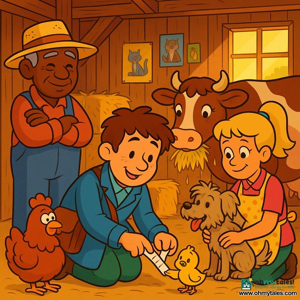 Dr. Charlie, a smiling, kind veterinarian with a round, freckled face and messy brown hair, kneels at the center of a warm wooden barn bandaging a small chick, while Old MacDonald, a tall elderly man in denim overalls and a straw hat, stands left by the barn door with arms crossed and a relieved look, and Mrs. Hazel, a woman in her thirties with a blonde ponytail and a polka-dot apron, kneels right holding Scruff, a scruffy little dog wagging his tail; Bessie, a large brown cow with white patches, chews hay in the background and Henrietta, a russet hen, leans close to the chick. Sunlight streams through a dusty window onto stacked hay bales and colorful posters on golden-brown plank walls; the scene is tender and calm, warm high-contrast colors in a 1990s cartoon style with thick black outlines and simple textures.