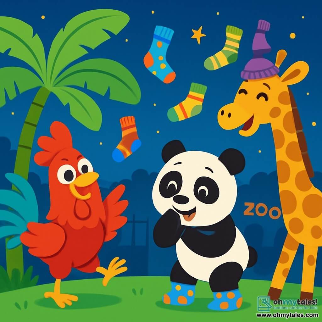 A bright red-feathered rooster with a mischievous look and sparkling eyes stands under a large banana tree, joyfully dancing with its legs raised, ready to play. Next to it, a black and white panda with a big smile is also preparing to play, wearing colorful polka-dotted socks and slightly leaning, ready to hide. A spotted giraffe with long legs, wearing a purple sock hat, laughs while trying not to drop its leaves. In the background, a starry night sky shines above a peaceful zoo, with soft shadows of animal enclosures. The scene depicts the rooster and its friends playing hide-and-seek, surrounded by colorful socks flying in the air, creating a joyful and fun atmosphere.