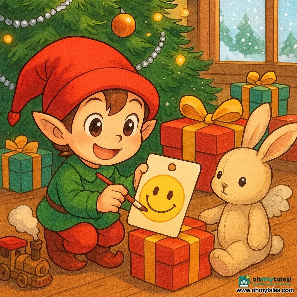 The main character is the Mischievous Elf: a small Christmas elf with round cheeks, an oversized red hat, jingling boots and a kind, playful smile, holding a tiny brush as he paints a bright smile on a tag attached to a gift box; secondary character Buttons is a small plush bunny seated beside the gift with visible stitches, shiny black button eyes, slightly worn cream fur and a gentle, amazed expression, one paw on the box guiding the elf; other secondaries include a small wooden toy train whistling on the floor, a paper angel doll with delicate wings watching, and a few stacked gifts that seem to "wait" smiling; scene is under a dense dark-green Christmas tree with silver garlands, warm yellow lights and reflective baubles, on a wooden floor by a window with snowflakes outside, intimate cozy atmosphere; situation: the elf paints the tag to give the gift a smile while Buttons guides him, soft light focused on the tag, warm pastel colors, round expressive composition and a tender, light mood.