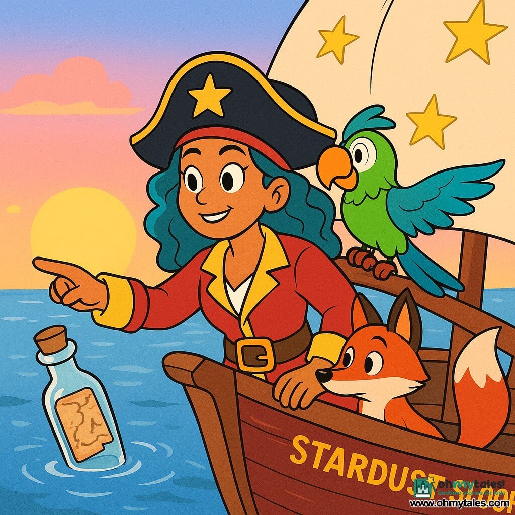 A female pirate captain with sea-colored wavy hair and adventure-sparkling eyes stands proudly at the bow of her ship, a determined smile on her face. Beside her, a cunning fox named Finn, with red fur and a curious look, attentively watches the sea from the ship's deck. A colorful parrot named Patch, with vibrant green and blue feathers, perches on the captain's shoulder, wings slightly spread. The ship, the Stardust Sloop, is a pirate vessel with bright sails decorated with twinkling stars, floating on a calm, shimmering sea under a clear blue sky. The main scene shows the moment when Captain Mira discovers a bottle floating in the water, with a mysterious map inside, as the sun sets on the horizon, painting the sky with pink and golden hues.