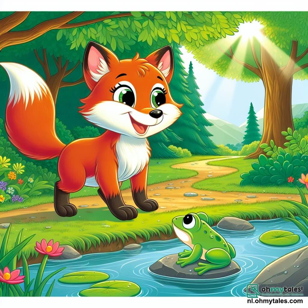 Een ondeugende vos genaamd Vicky, met een heldere oranje vacht en een pluizige staart, staat vrolijk aan de oever van een rivier, haar ogen sprankelend van nieuwsgierigheid. Ze glimlacht en kijkt naar een kleine groene kikker, die verloren en verdrietig op een steen bij het water zit. De kikker, met grote ronde ogen en een glanzende huid, kijkt omhoog naar Vicky in de hoop op hulp. Op de achtergrond is het bos weelderig, met majestueuze bomen met heldergroene bladeren en kleurrijke bloemen langs het pad. De zon straalt door de takken en creëert patronen van licht en schaduw op de grond. In deze scène is Vicky van plan de kikker te helpen haar weg terug te vinden, wat de vriendschap en solidariteit tussen de dieren illustreert.