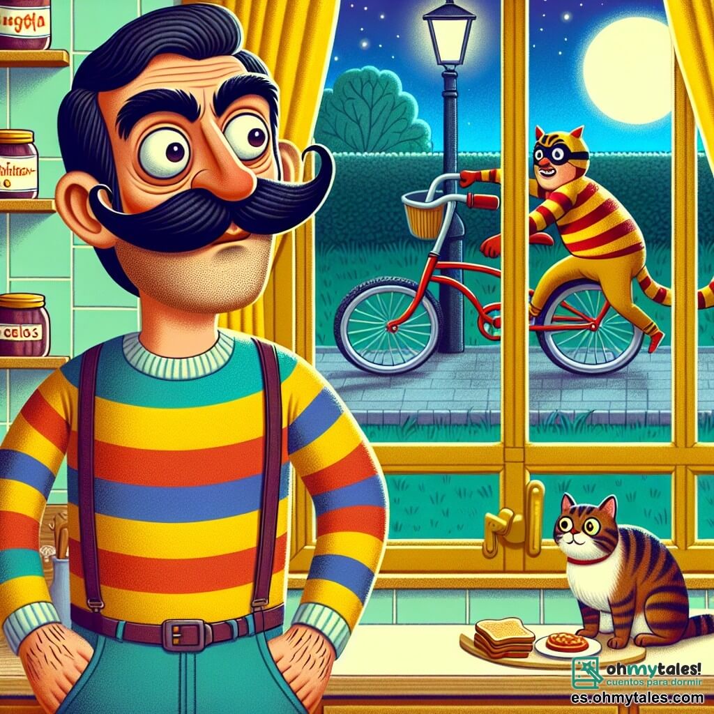 Rodolfo, un hombre de unos cuarenta años con un gran bigote negro que parece bailar, tiene un rostro expresivo y ojos muy abiertos de sorpresa. Lleva una camisa a rayas coloridas y un pantalón informal, de pie junto a la ventana, listo para intervenir. Junto a él, Don Pollo, su gato atigrado de cinco años, tiene ojos redondos y curiosos, sentado en el alféizar de la ventana, mirando con aire perplejo el mundo exterior. La escena transcurre en la cocina de Rodolfo, una habitación acogedora con paredes amarillas, estanterías llenas de tarros de mermelada y una mesa de madera con un pequeño desorden de cereales y tostadas. Rodolfo observa a un ladrón, un hombre delgado y astuto, que intenta robar un triciclo rojo brillante en el cruce, mientras la luna ilumina la noche, creando una atmósfera a la vez cómica y heroica.