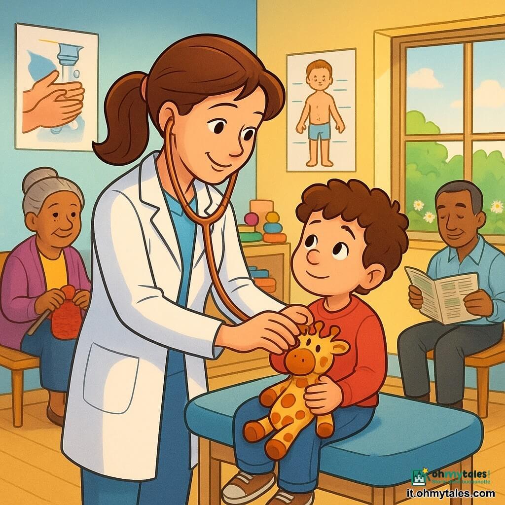 Una dottoressa di circa 35 anni dal viso dolce e sorridente, capelli castani raccolti in una coda, con un grande stetoscopio color rame e camice bianco, ascolta il cuore di un bimbo di circa 6 anni dal naso un po' rosso e capelli ricci, seduto sul tavolo visita con una peluche giraffa sulle ginocchia; nella sala attesa colorata una donna anziana di 75 anni con capelli grigi raccolti in uno chignon lavora a maglia una sciarpa rossa seduta a sinistra e un uomo di circa 60 anni coi capelli sale e pepe legge un giornale vicino a una pianta a destra; lo studio è piccolo e luminoso con pareti pastello, pavimento in legno chiaro, poster educativi, giocattoli e disegni appesi, una grande finestra che illumina e mostra un giardino con margherite, atmosfera rassicurante e professionale.