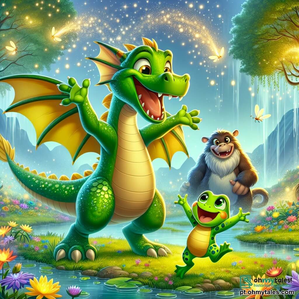Um grande dragão verde com escamas brilhantes, olhos cintilantes e um sorriso amigável, está no centro da cena. Ele expressa alegria e excitação, com as asas abertas soltando faíscas de magia. Ao seu lado, um pequeno sapo chamado Tico, um garoto-rã com manchas amarelas e olhos brilhantes, salta de felicidade, com os braços levantados em sinal de vitória. Ao fundo, um grande monstro amigável, com pelagem suave e colorida, os observa com um sorriso caloroso, pronto para se juntar à celebração. O local é um pântano mágico, repleto de flores vibrantes, grandes árvores com folhas brilhantes e uma leve névoa flutuando sobre a água clara. Vagalumes dançam ao redor, adicionando um toque de magia à atmosfera. A cena principal mostra o dragão, Tico e o monstro celebrando juntos, cercados por animais do pântano, após quebrarem um antigo feitiço. Eles riem e dançam, simbolizando a amizade e a alegria reencontrada neste lugar encantador.